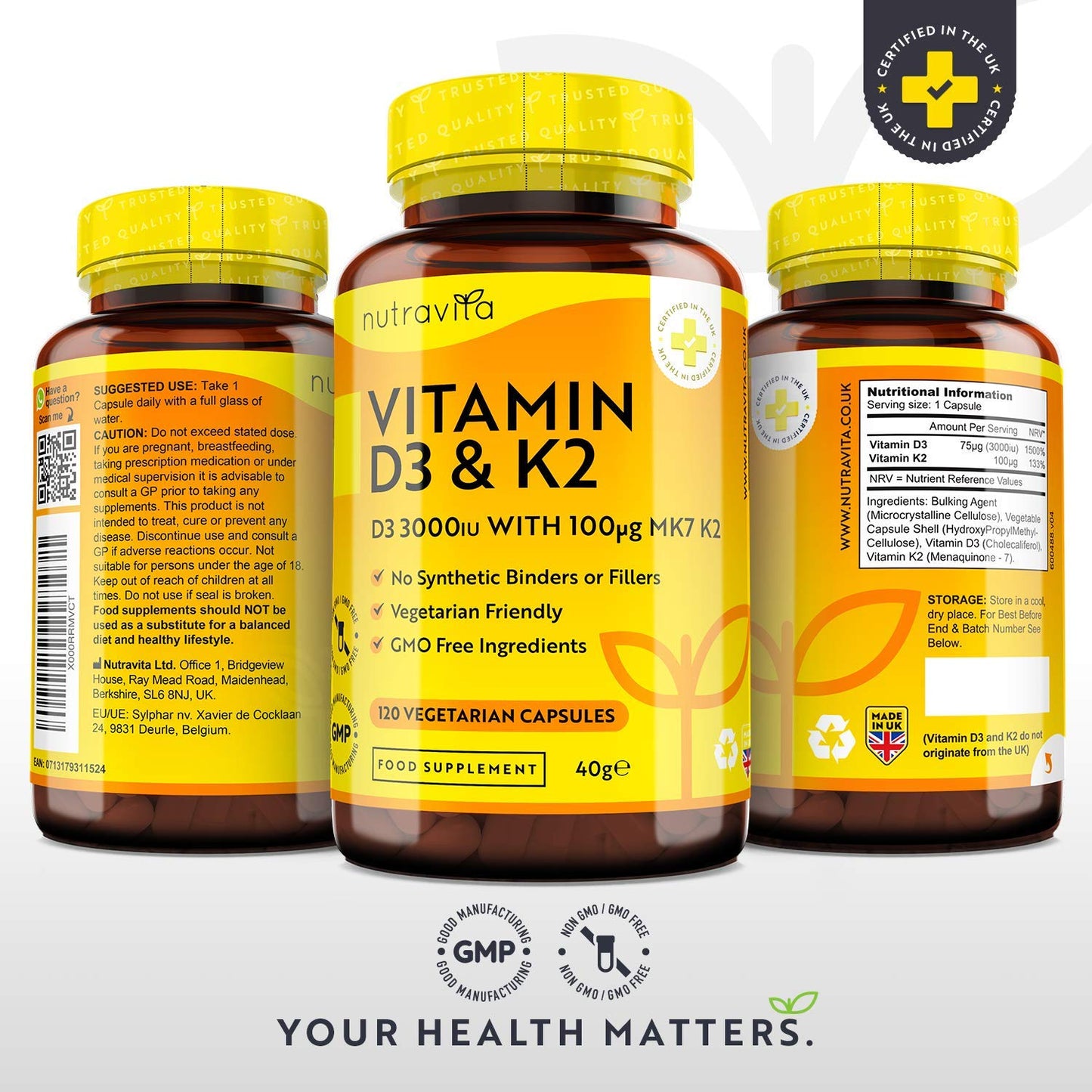 Vitamin D3 3000iu & K2 100ug (MK7) – 120 Vitamin D3 K2 Vegetarian Capsules – Supports Normal Bones, Muscles, Teeth and Immune System – Cholecalciferol & Menaquinone-7 – Made by Nutravita