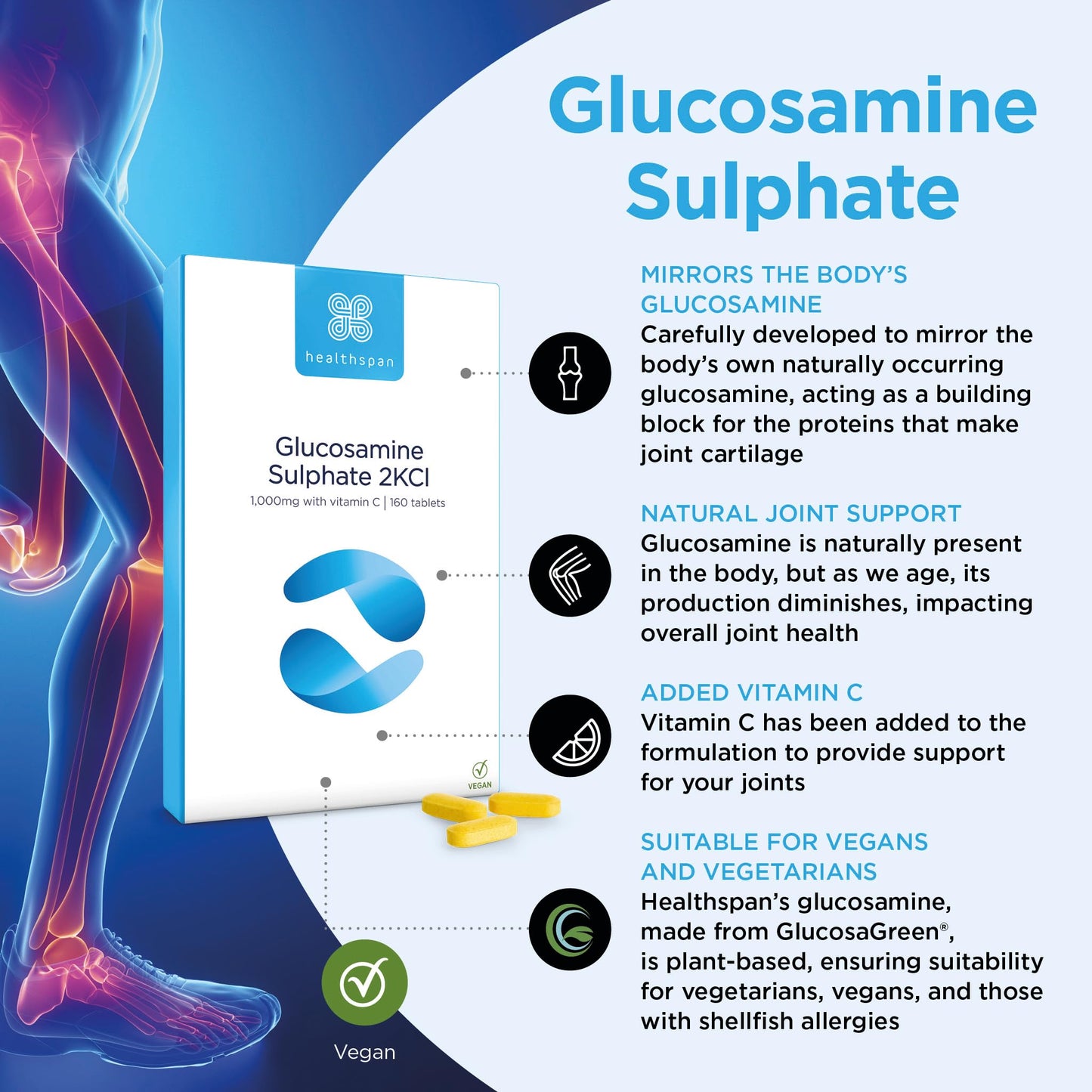healthspan Healthspan Glucosamine Sulphate 2KCI 1,000mg (10 Months’ Supply) | Sustainably sourced Plant-Based glucosamine to Support Your Joints | 591mg Glucosamine Base with 20mg Vitamin C | Vegan