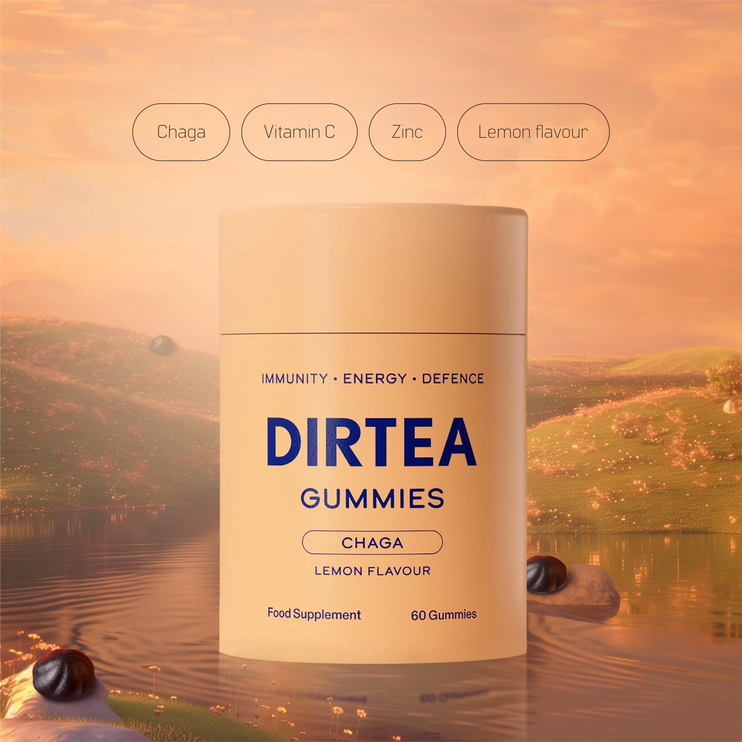 DIRTEA 60 Chaga Mushroom Gummies | 3,000mg / Serving | Vegan, Natural & Sugar Free | Vitamin C & Zinc | Immunity & Energy Supplement | 60 Gummies (30 Servings) - Lemon Flavour