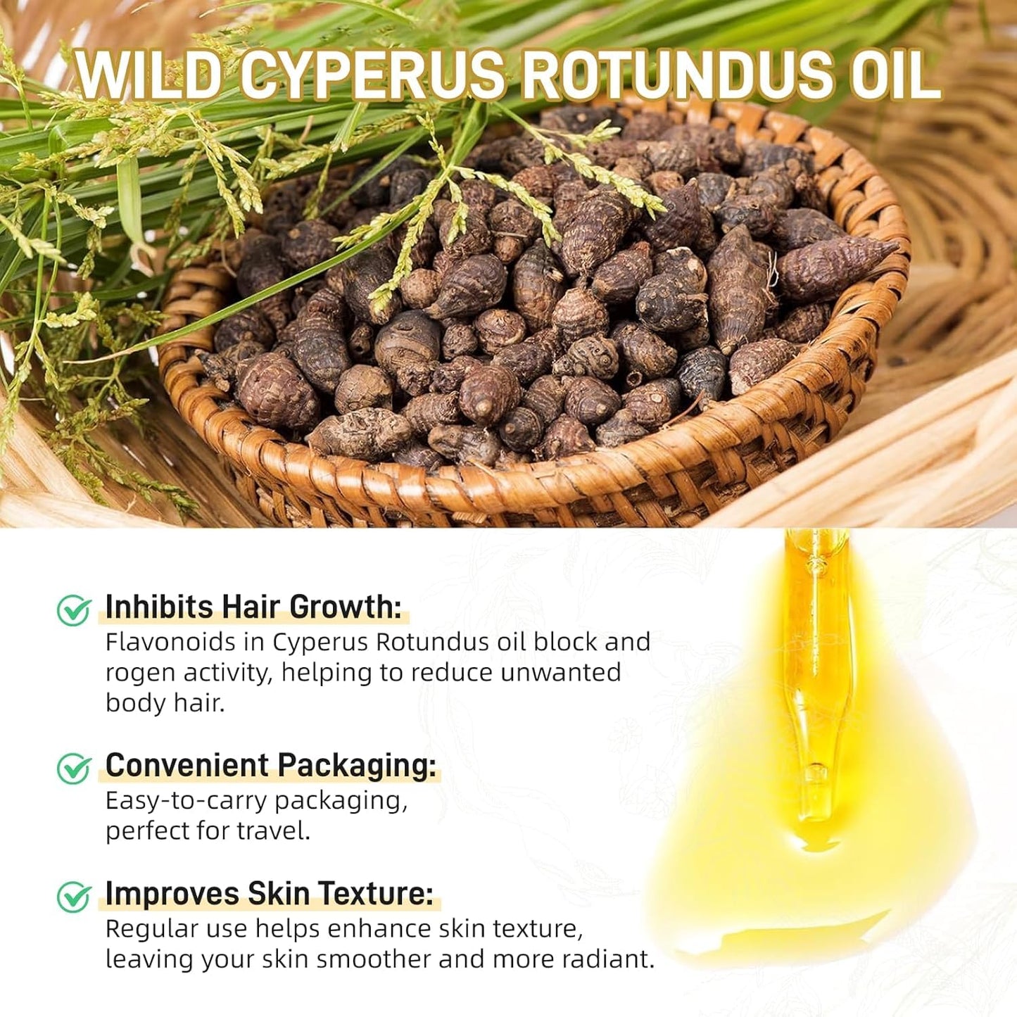FunnAura 2 Pcs Cyperus Rotundus Oil, Organic Hair Removal Care Oil for Moisturizing and Soothing