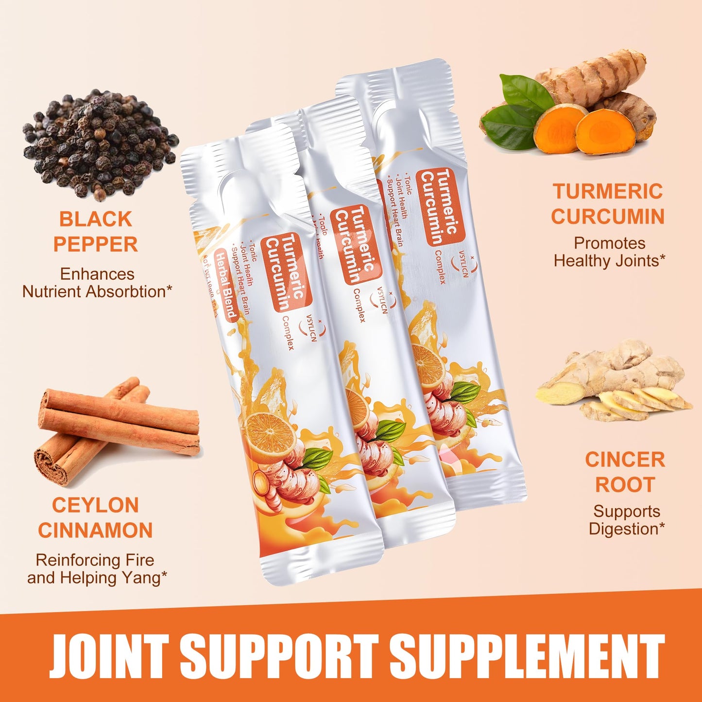 VSYLICN 30 Packs Turmeric Liquid with Black Pepper & Ginger - High Strength Curcumin Supplements - Easy Swallow Liquid Drink - Tonic, Joint Health & Support Heart Brain - Vegan - 1 Month Supply
