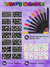 EBANKU 10PCS Temporary Tattoo Pens, Body Tattoo Markers for Skin Dual Tip Tattoo Pen for Thick and Thin Lines With 14 Tattoo Stencils and 10 Dinosaur Stickers for Kids