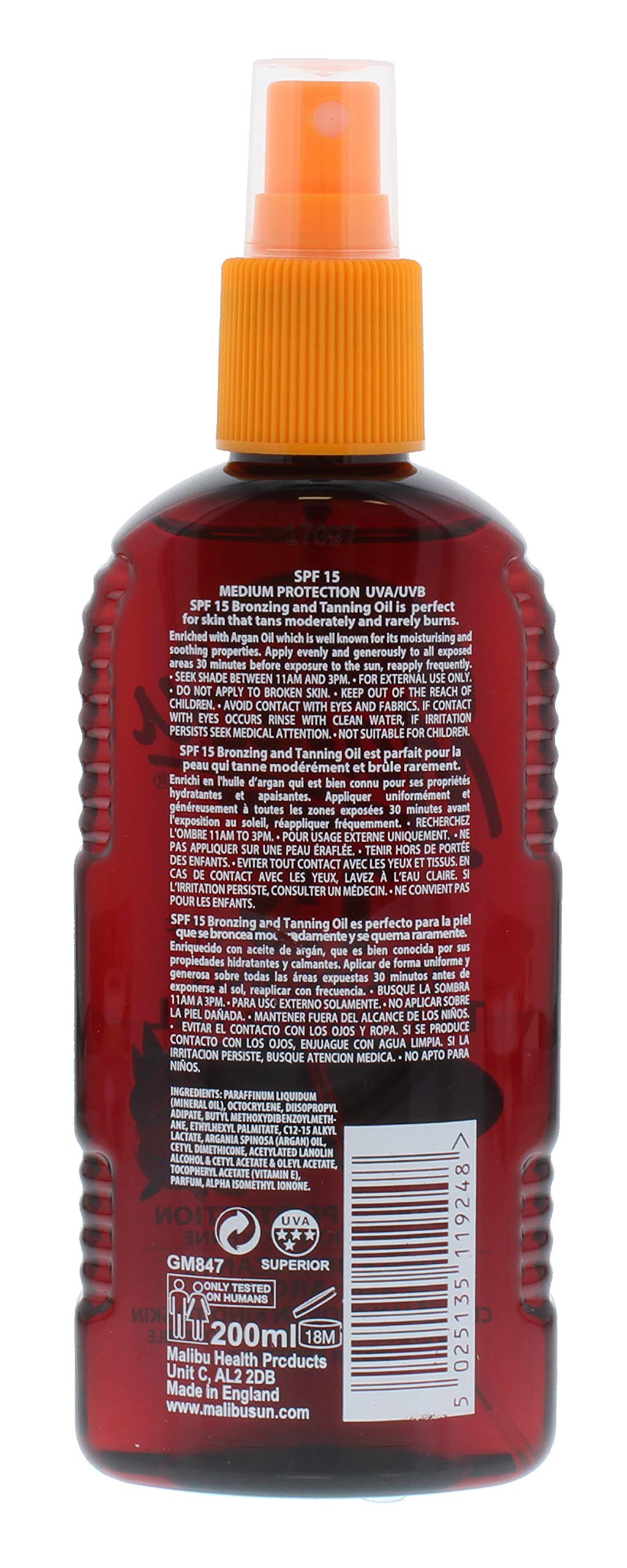Malibu Sun SPF 15 Bronzing Tanning Argan Oil Spray with Medium Protection, Water Resistant, Tropical Scent, 200ml
