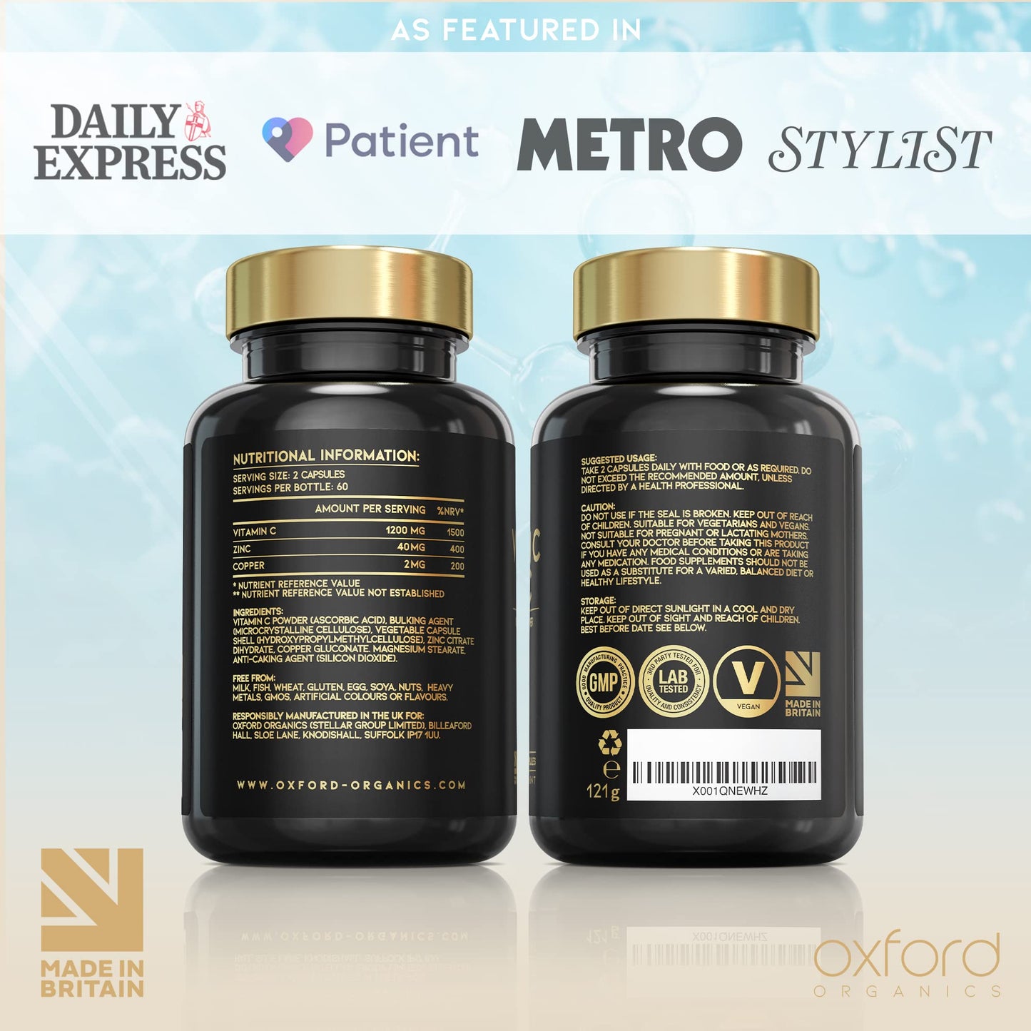 Oxford Organics Vitamin C and Zinc Capsules, 1200mg Vitamin C Boosted with 40mg Zinc & 2mg Copper per Serving | 120 High Strength Vegan Capsules | Balanced VIT C and Zinc Supplements for Women & Men | Made in The UK
