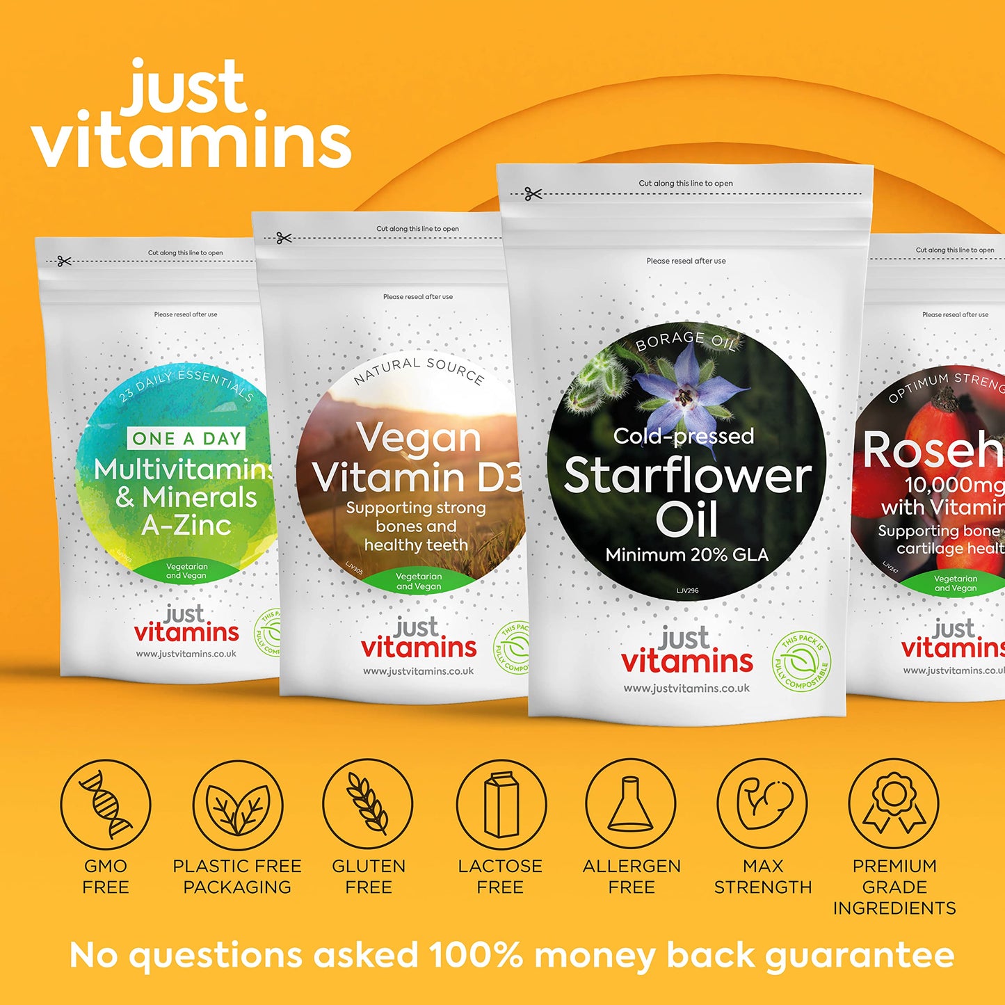 Just Vitamins Starflower Oil Capsules 1000mg/Borage Oil x90 Soft Gels, Cold Pressed High Strength GLA with Vitamin E - 3 Month Supply - x2 The GLA Level of Evening Primrose Oil Capsules - UK Made Supplements