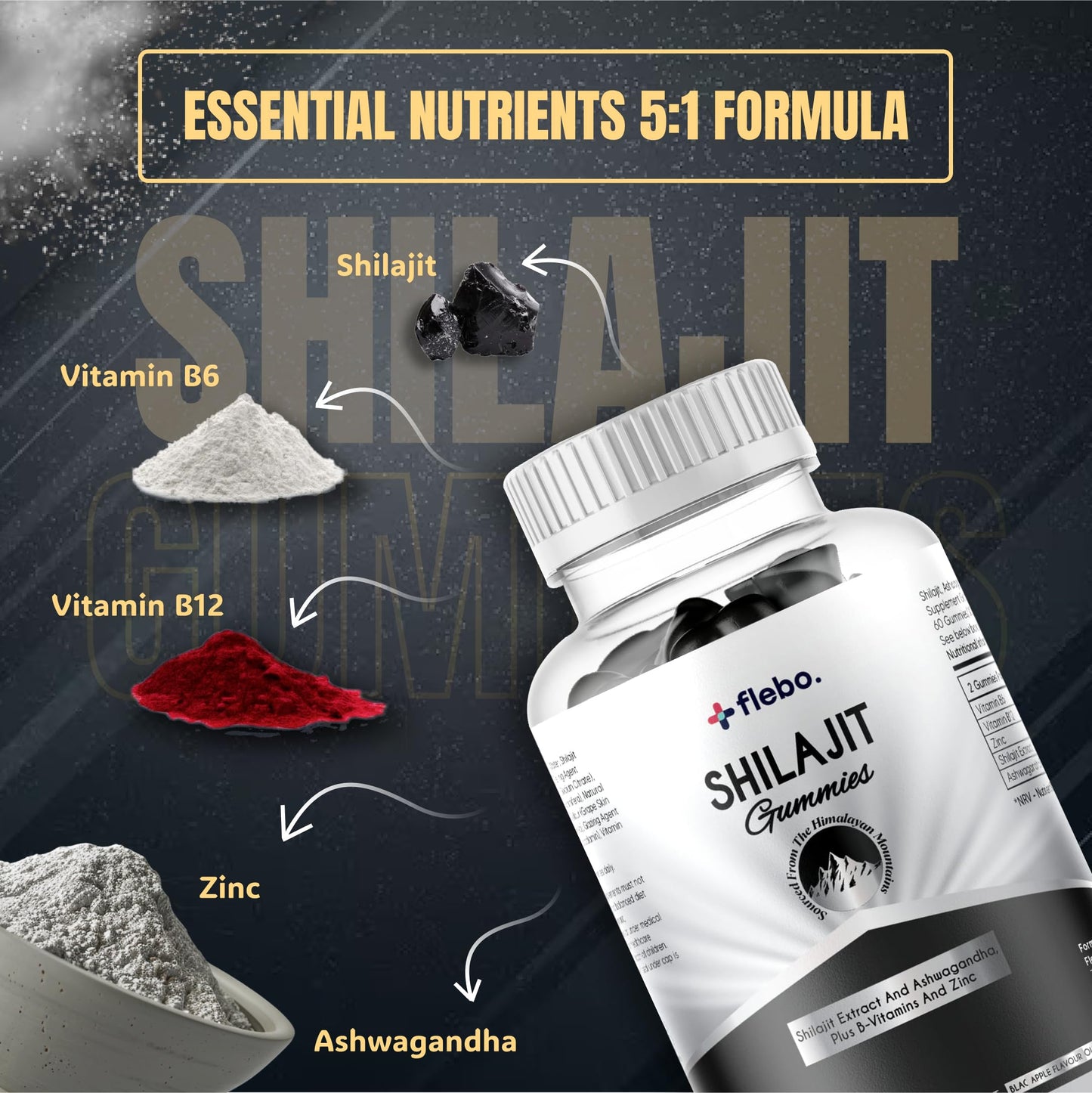 Flebo Pure Himalayan Shilajit Gummies - Formulated with Ashwagandha and Zinc- 50% Fulvic Acid- 60 Two A Day Blackcurrant Flavour- Energy, Stress Relief and Immune Support. Vegan and Halal
