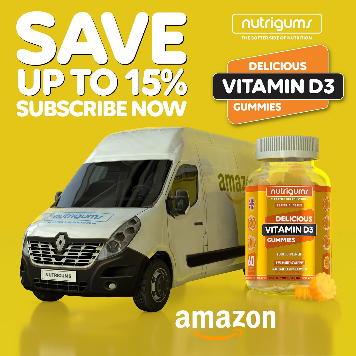 Vitamin D3 | 60 Lemon Flavour Gummies | Two Month Supply | 1000iu High Strength for Immune, Bones & Muscle Support | Suitable for 12+ Years by NUTRIGUMS®