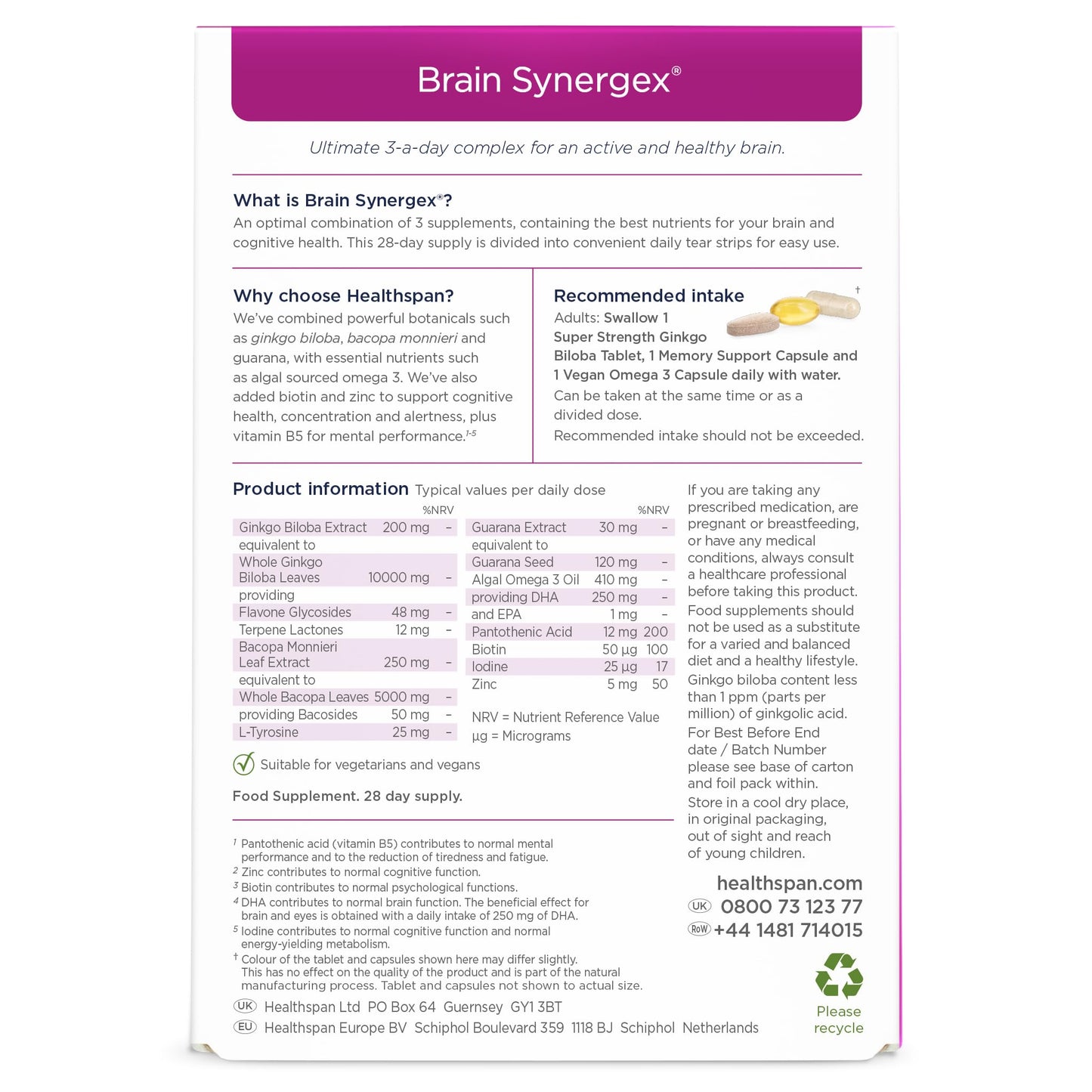 healthspan Healthspan Brain Synergex | 28 Day Supply | Brain Health Supplements | Ginkgo Biloba, Neuro-Vitamin Complex, Opti-Omega 3 & Phospholipid Complex