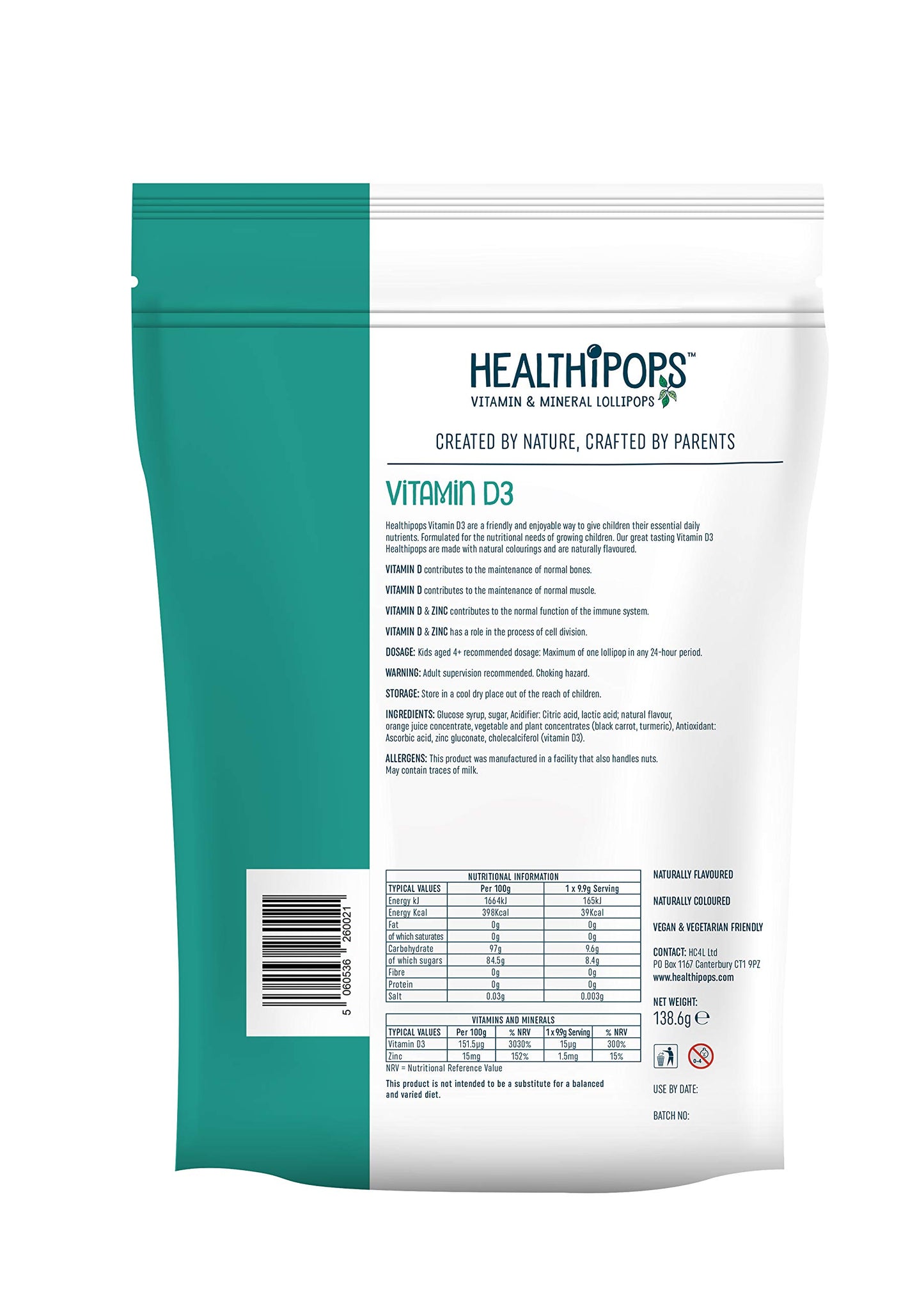 Healthipops Vitamin & Mineral Lollipops Vitamin D3 Suitable for Ages 4+ with Zinc, Orange Flavour 14 Lollipops