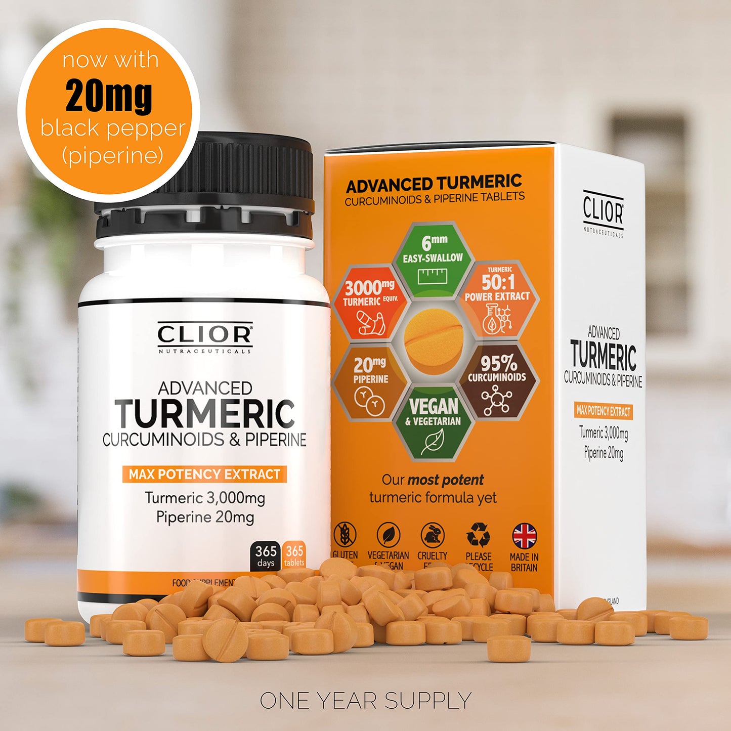 Turmeric Curcumin 3,000mg with Black Pepper x 365 Vegan Tablets High Strength | 1 Year Supply | 95% Curcumins + 20mg Piperine | Tiny Easy-to-Swallow Supplements by Clior (Cambridge Labs)