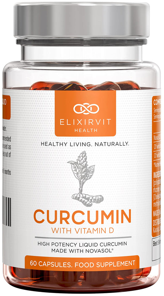 Elixirvit Liquid Curcumin with Vitamin D – 185x More Bioavailable Than Typical Turmeric/Curcumin Supplements – Advanced Turmeric Extract with NovaSOL – 60 High Strength Capsules