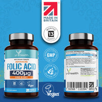 Folic Acid 400 mcg Tablets - 400 Vegan Vitamin B9 Tablets for Women, 13 Month Supply, Folic Acid Pregnancy for Normal Function of Immune System and Maternal Tissue Growth - Made in The UK by YrHealth