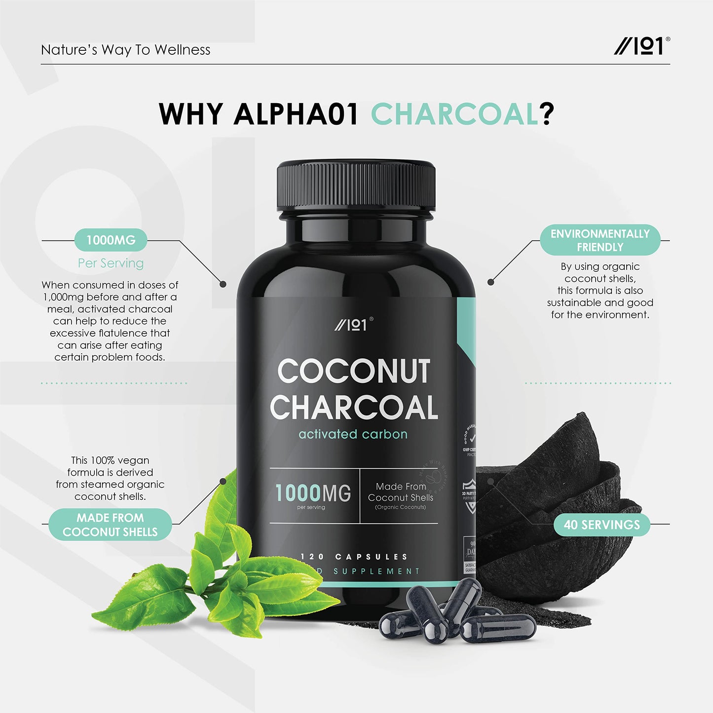 ALPHA01 Activated Coconut Charcoal 1000mg | Made from Thai Coconut Shells | for Bloating & Gas, Digestion & Flatulence Natural Relief | Vegan & Keto Friendly Supplement | 120 Capsules