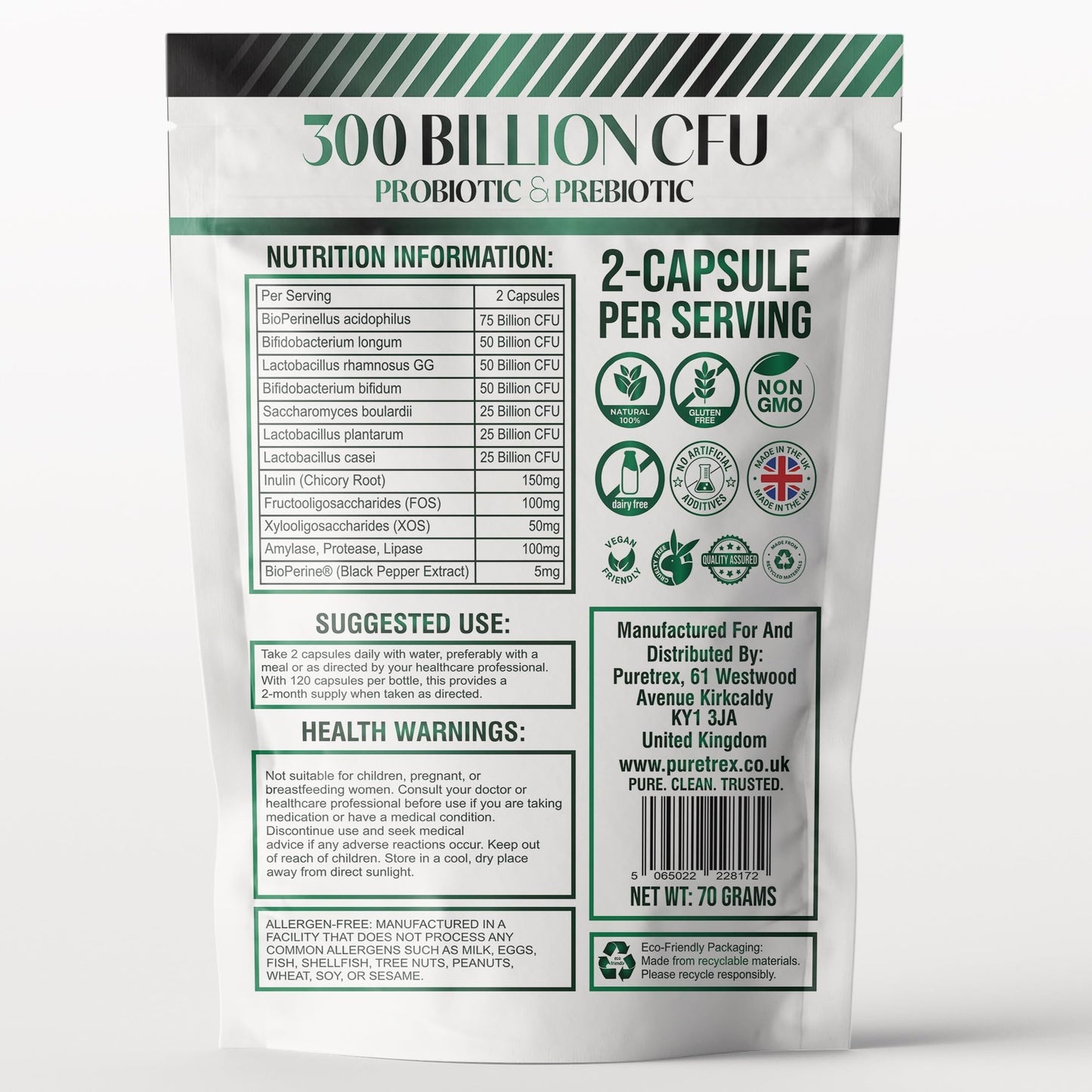PURETREX 300 Billion CFU Probiotic & Prebiotic Multi-Strain Formula, Synbiotic Ultra, 120 Capsules