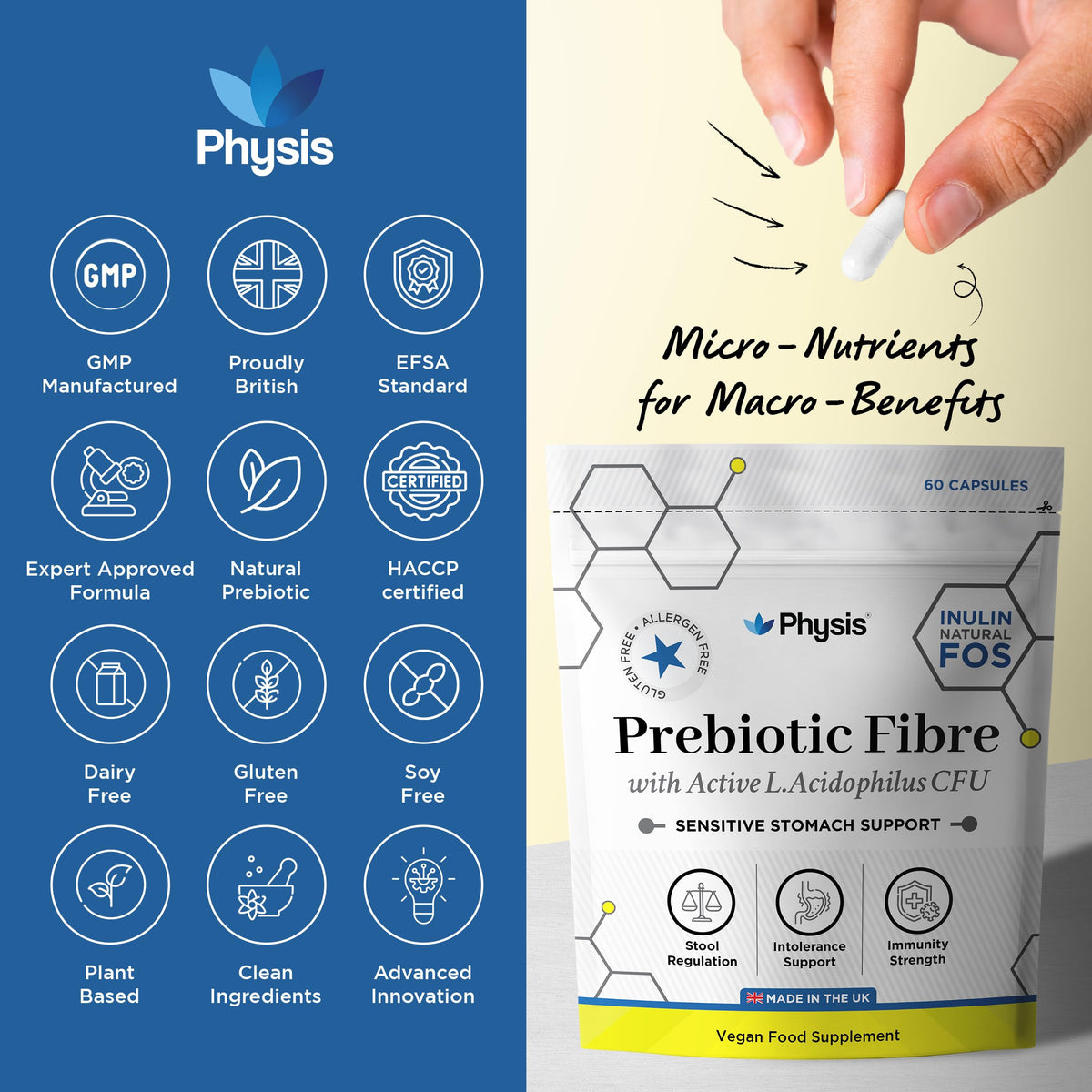 Physis Prebiotics with Probiotics | FOS Fibre Supplement | Gut Health Fiber & Digestion | Diarrhoea & Constipation Relief | 60 Vegan Capsules | 2 Month Supply | Lactobacillus Acidophilus