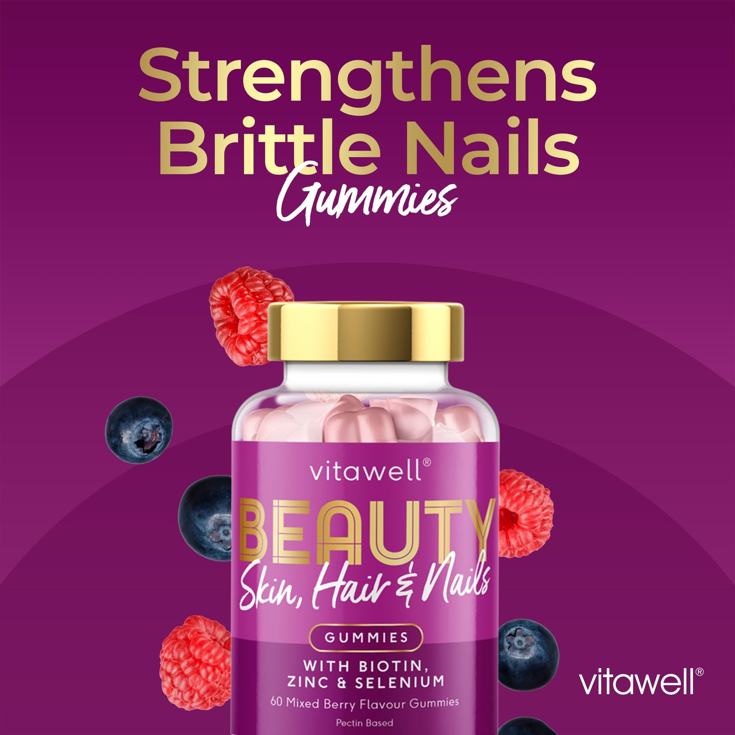 Vitawell Beauty Shine & Glow Gummies | Support for Hair Growth + Skin + Nails Vitamins Chews | Complex Formula Biotin, Zinc, Selenium & Vitamin E | 60 Sweet Berry Flavour | | Multivitamin Gummies
