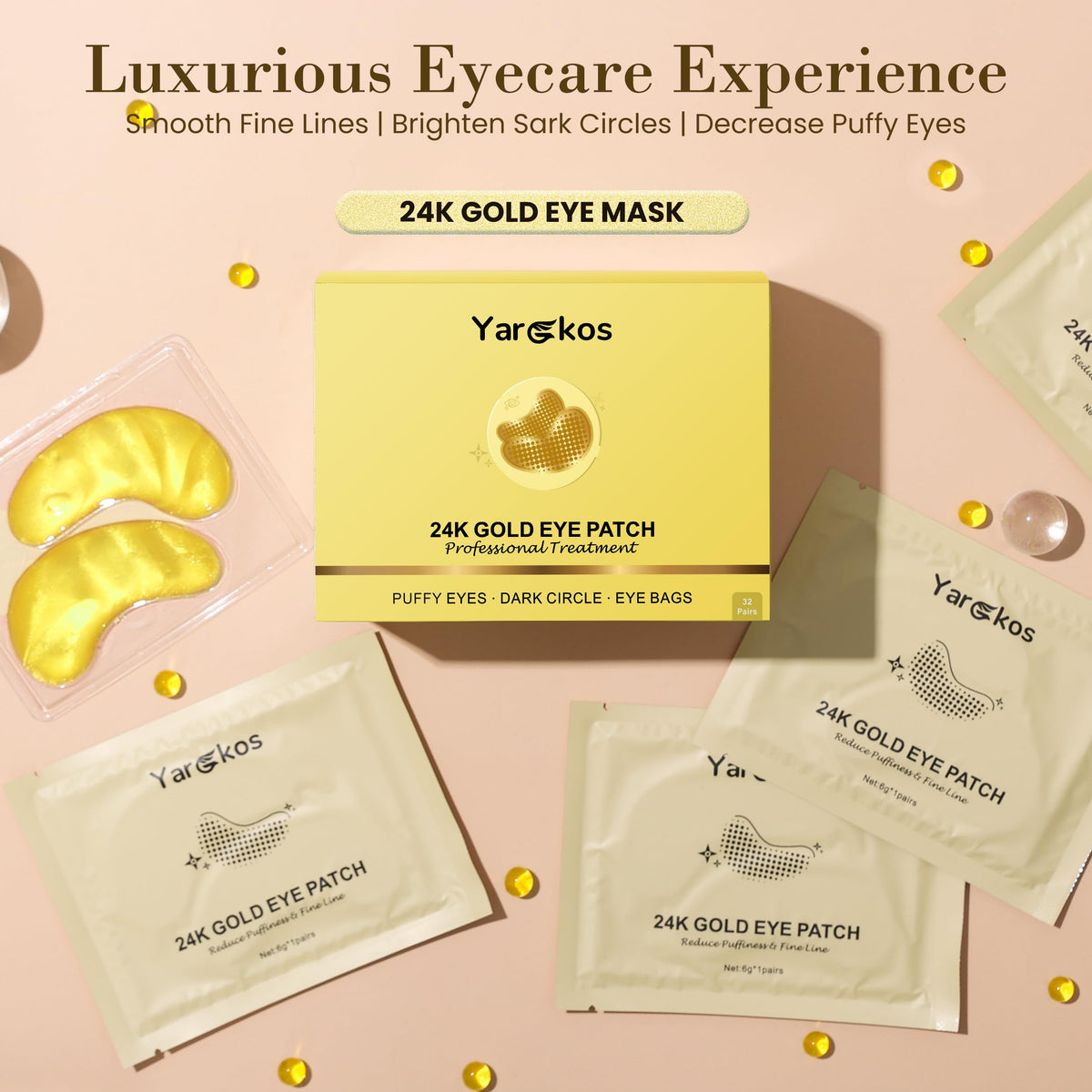 MIFANYO 32 Pairs 24K Gold Under Eye Patches, Golden Eye Masks, Hydrating Undereye Pads for Dark Circles Anti Wrinkles Puffy Eyes, Puffiness Eye Bags Eyes Gel Pads, Women Men Travel Skincare Set