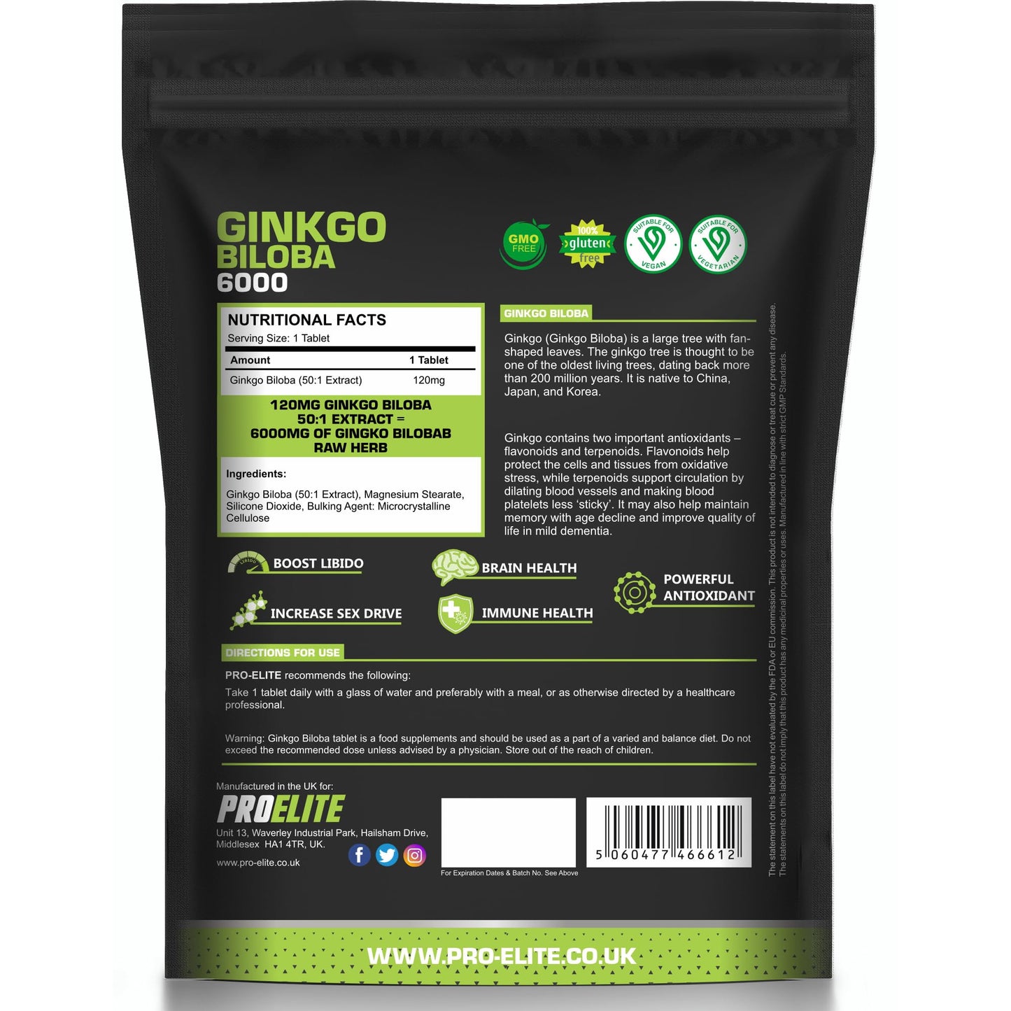 Ginkgo Biloba 6000mg - High Strength Vegan Ginkgo Biloba Leaf Extract 180 Tablets 50:1 Extract � Gluten Free, GMO Free - Made in UK by PROELITE