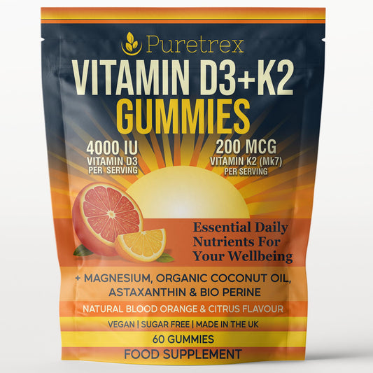 Puretrex PURETREX Vitamin D3 + K2 Gummies – 4000 IU Vegan D3 & 200 mcg MK-7, Magnesium, Coconut Oil, Astaxanthin & BioPerine® – Sugar-Free, Natural Blood Orange Citrus – 60 Vegan Gummies, Made in UK
