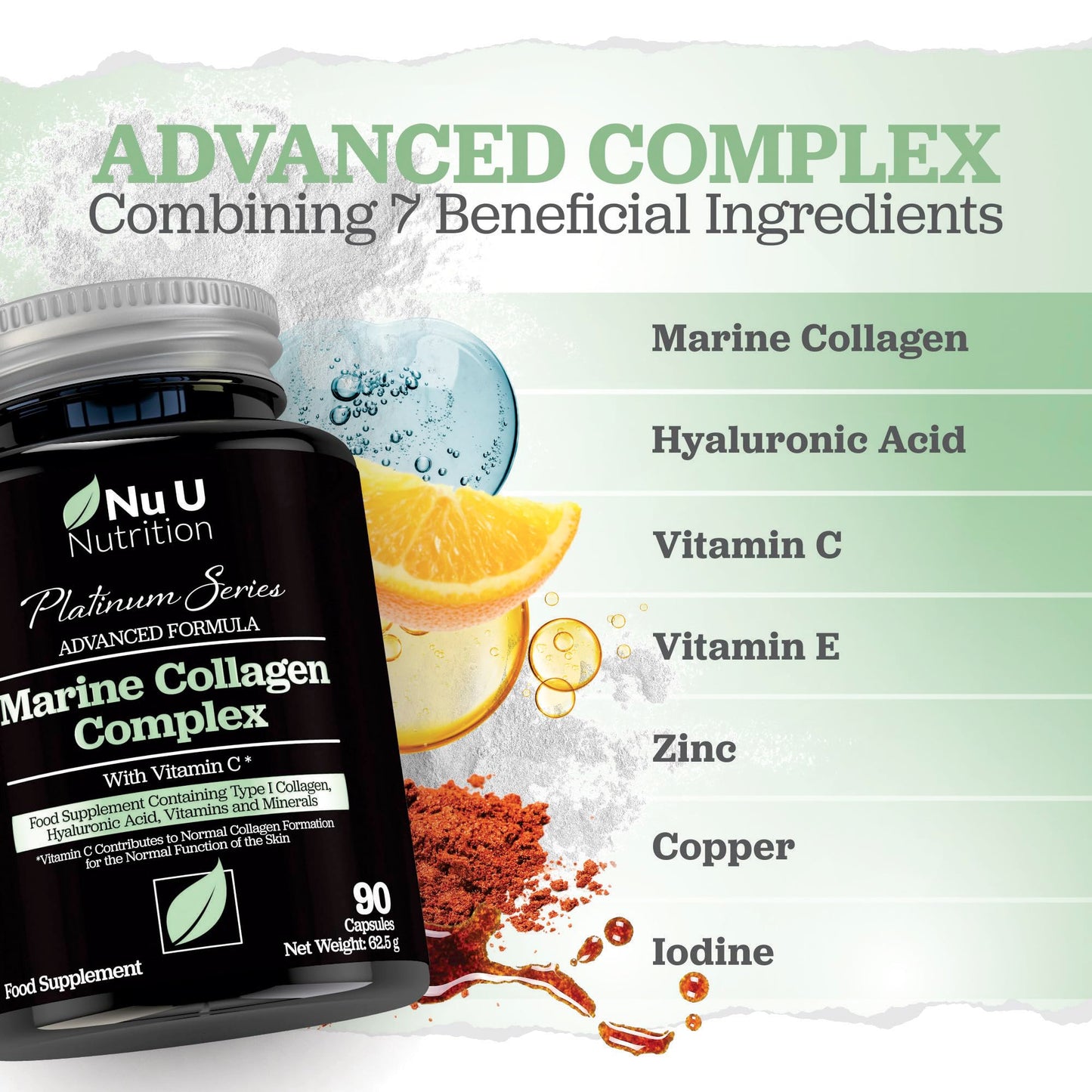 Nu U Nutrition Marine Collagen with Hyaluronic Acid, Vitamin C - 90 Hydrolysed Capsules (not Tablets) - Premium High Strength Collagen Supplements for Women & Men - Type 1 Marine Collagen - for Hair Nails & Skin