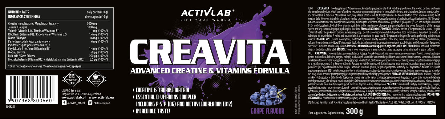 Activlab CREAVITA | Jar 300g | 30 Servings | Grape Flavor | creatine | Taurine | B Vitamins | Increasing Strength | Powder | 3X lab Tested
