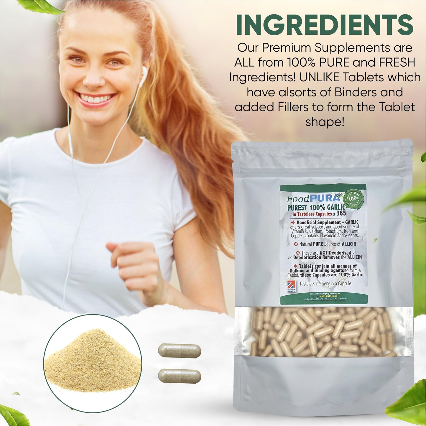 FoodPURA Pure Garlic Capsules Recommended Daily Strength 1000mg HACCP Certified, Manufactured in The UK by FoodPURA 1 Pack of 365 Capsules