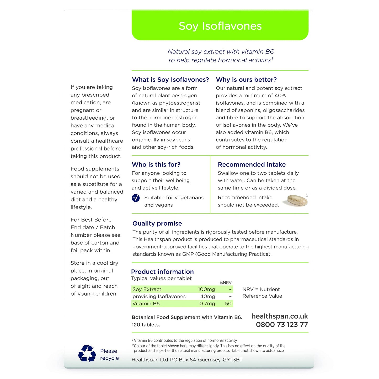 Healthspan Soy Isoflavones 100mg | 120 Tablets | with Vitamin B6 | Regulate Hormonal Activity | Natural Plant Oestrogen | 40% Isoflavone Content | Soy Germ Extract | Vegan