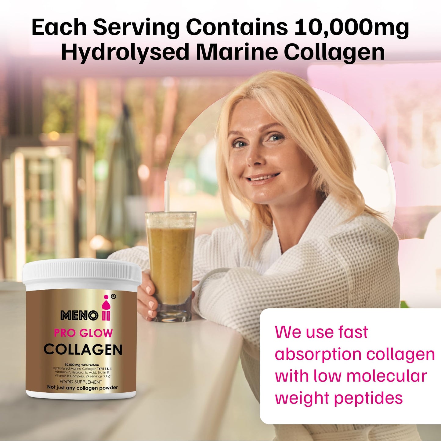 Meno II PRO Glow Marine Collagen Powder 10,000mg - High-Potency Supplements for Women Skin Hydration - Unflavoured Collagen Supplement with Hyaluronic Acid, Vitamin C & B Complex - 300g