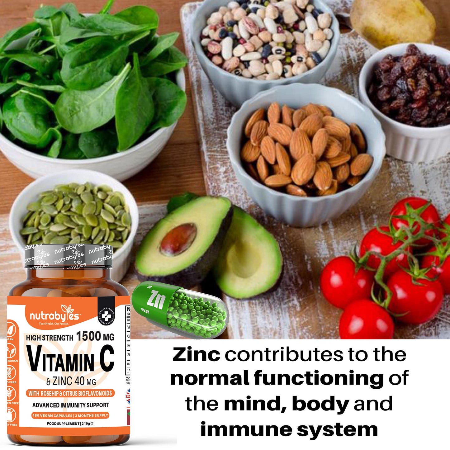 NUTRABYTES High Strength Vitamin C and Zinc Capsules | Vitamin C 1500mg and Zinc 40mg | Enhanced with Rosehip and Citrus Bioflavonoids | for Maintenance of Normal Immune System | 180 Vegan Capsules | Made in UK
