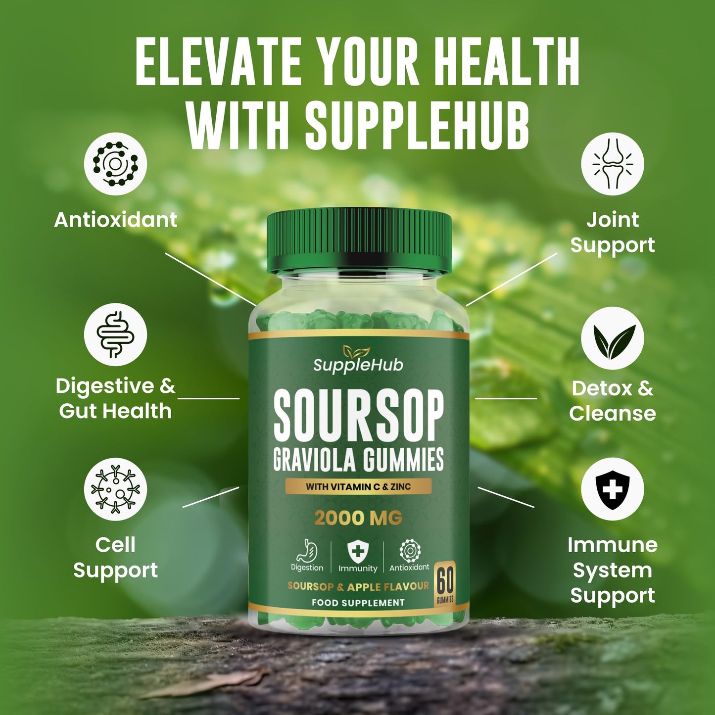 SuppleHub Soursop Gummies 2000mg – with Vitamin C & Zinc – Immune Support, Antioxidant – Gluten-Free, Vegan, Apple Flavour – 60 Gummies