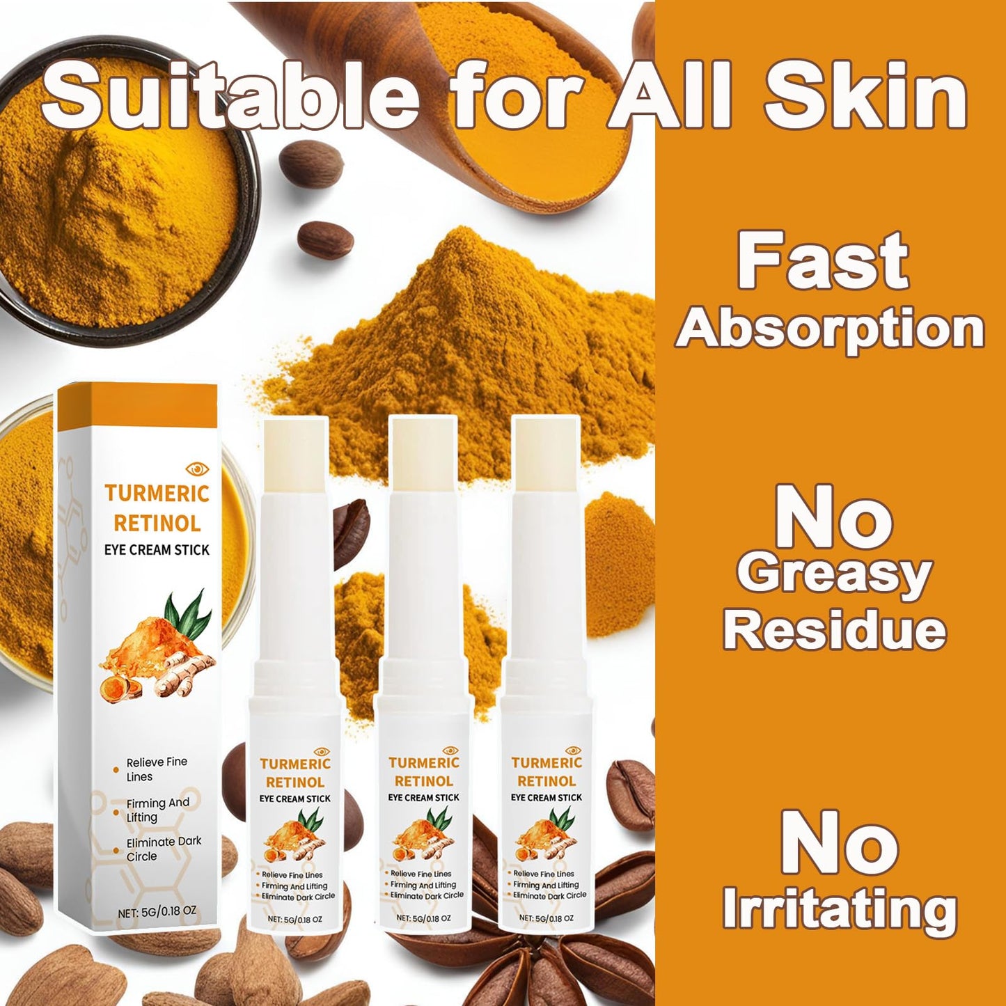 Trendyfave Turmeric Retinol Eye Stick, Eye Cream For Dark Circles And Puffy Eyes, Eye Cream Anti Aging,For Fine Lines,Eye Bags Remover, Anti Wrinkle,Dull Eye Skin, Moisturizing, Firming, Hydrating,3pcs