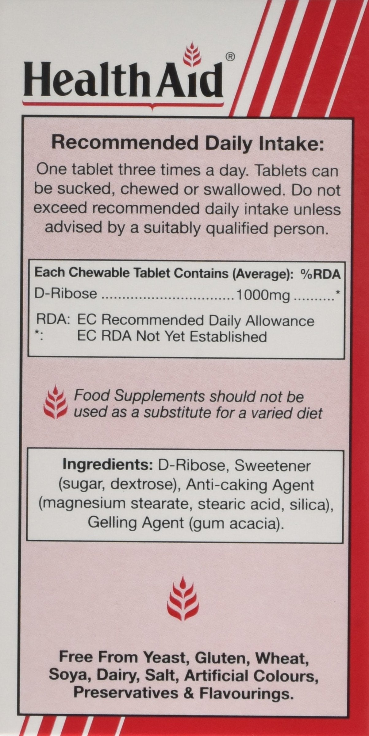 HealthAid Vegan D-Ribose 1000mg Tablets - (Pack of 90 Tablets)