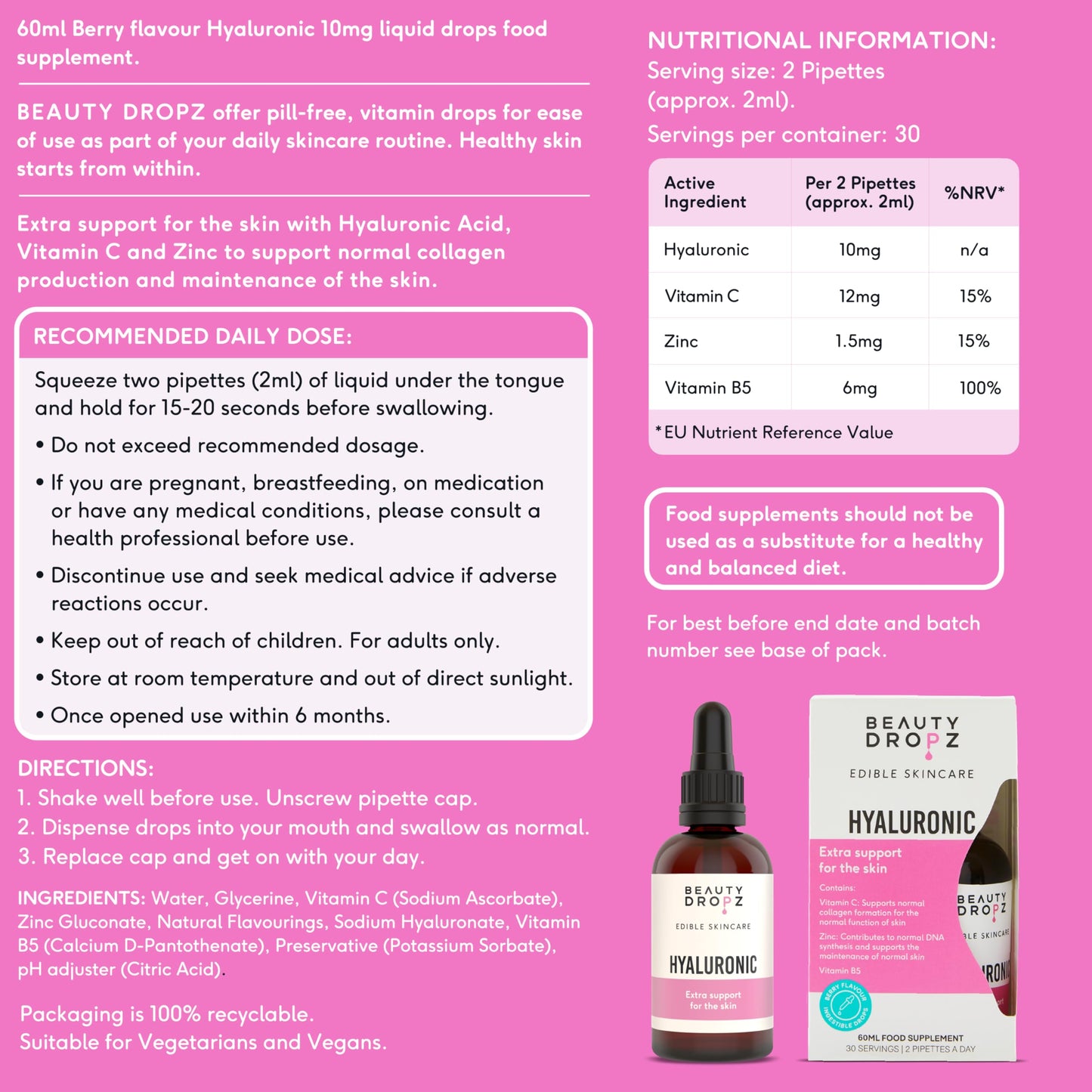 Beauty Dropz Hyaluronic Oral Skin Care Drops – Radiant Skin – Vitamin C – Plumping Support – Vitamin B5 / Vegan Liquid Supplement with Zinc & Glycerine – Berry Flavour – 60ml