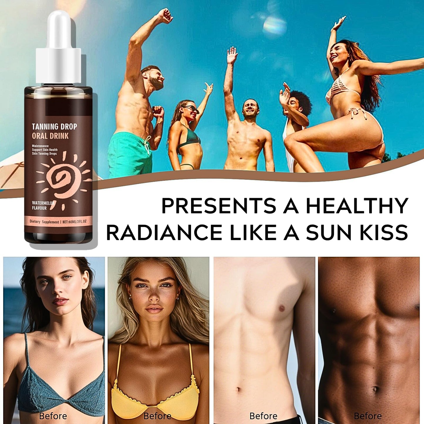 TBeautfave Sunless Tanning Drops to Drink, Oral Tanning Drops Drink, Drinkable TanningDrops, Gradual Bronzing Tan Drop, without Sun Exposure, Easy to Blend, Improve Skin Moisture & Elasticity, 60ML