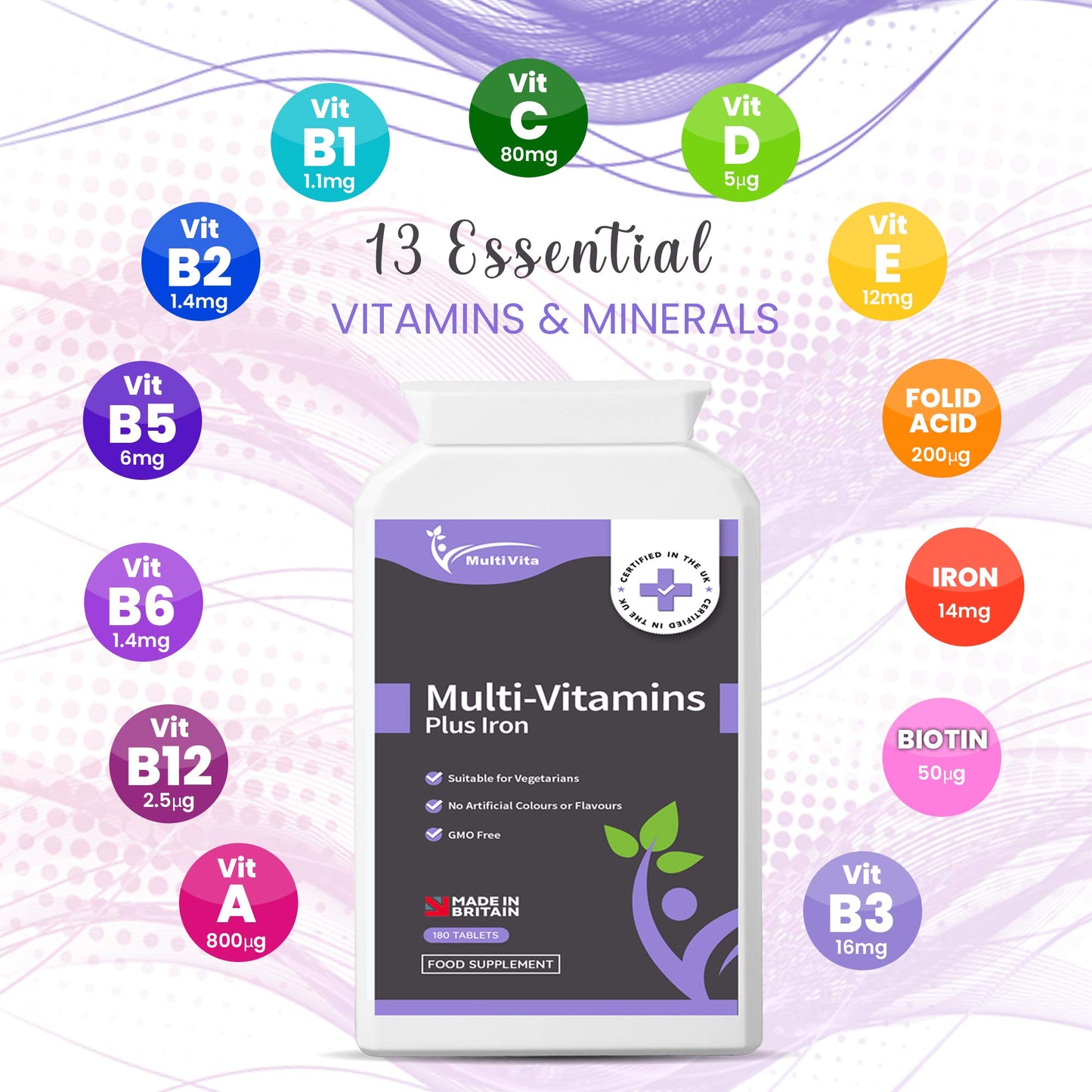 Multivitamins with Iron 180 One A Day Tablets - 13 Essential Vitamins & Minerals for Men and Women - Vitamins A, C, D, E, B1, B2, B3, B5, B6, B9, B12 & More - 6 Months Supply, UK Made to GMP Standards