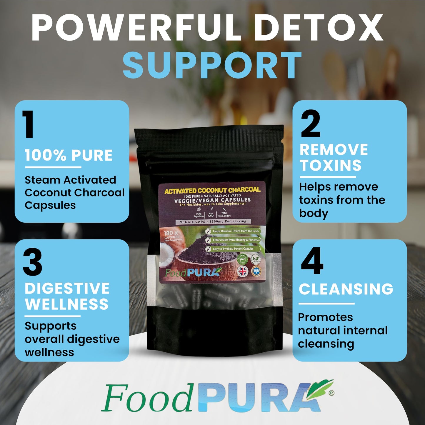 FoodPURA Coconut Activated Charcoal Capsules 1500mg x 180 100% Natural Vegan Digestive Supplement Reduces Bloating & Flatulence After Eating (180)