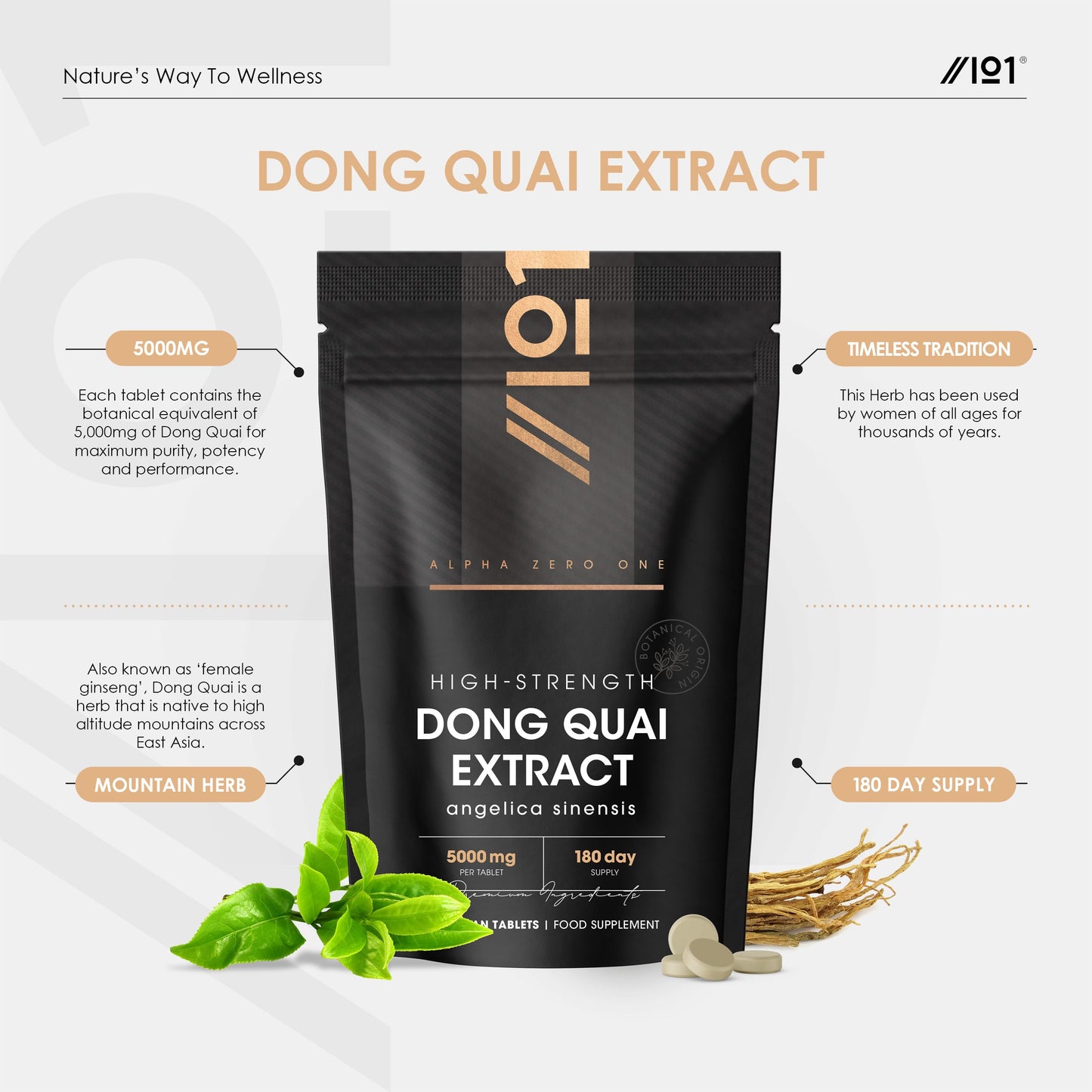 Dong Quai Extract 5000mg – High Strength 100:1 Angelica Sinensis Extract Supplement – 180 Vegan Tablets – Resealable and Recyclable Pouch by Alpha01