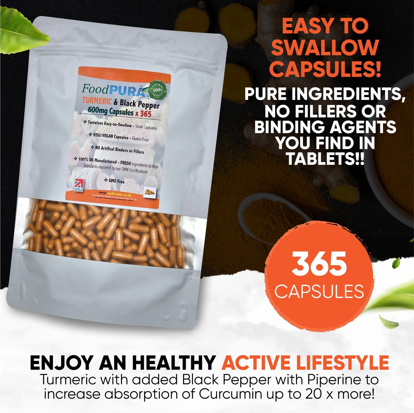 FoodPURA Turmeric with Black Pepper Capsules High Strength 600mg HACCP Certified, Manufactured in The UK by FoodPURA 1 Pack of 365 Capsules
