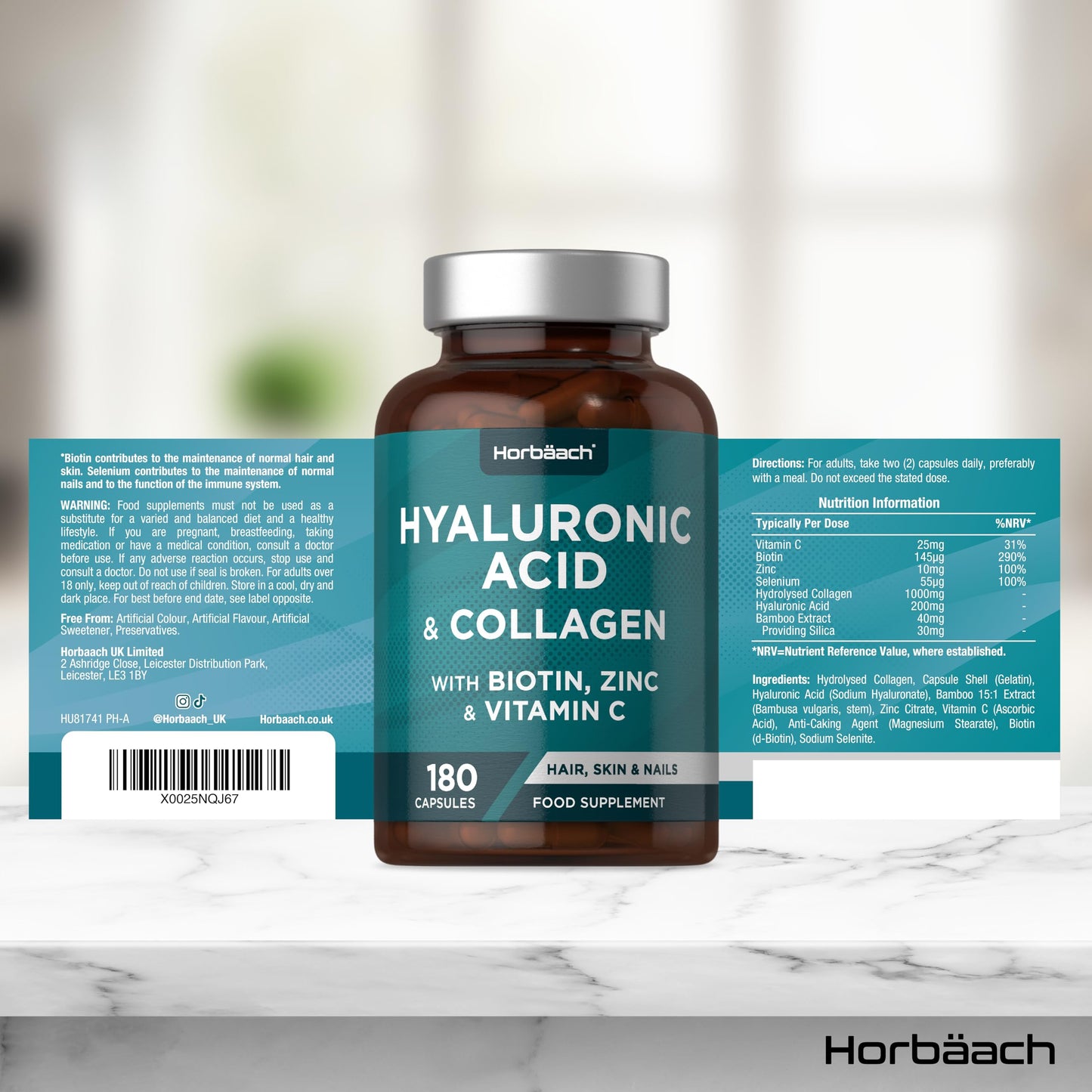 Horbäach Hyaluronic Acid Supplement with Collagen | 180 Capsules | High Strength Complex with Biotin, Zinc and Vitamin C | Hair, Skin and Nails Formula | by Horbaach