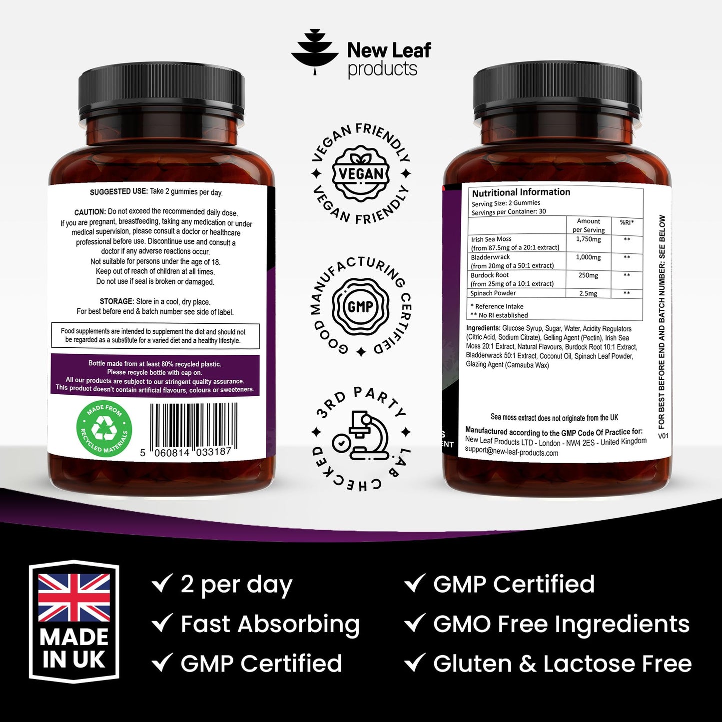 NEW LEAF PRODUCTS Sea Moss Gummies - 60 Gummies Enriched with Irish Sea Moss, Burdock Root and Bladderwrack - High Strength 3000mg Vegan Vitamin Gummies - Seamoss Gummies Made in UK by New Leaf