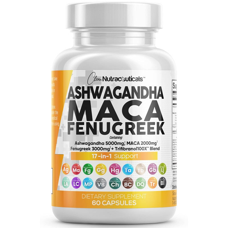 Clean Nutraceuticals Ashwagandha 5000mg Maca Root 2000mg Fenugreek 3000mg Supplement with Tongkat Ali Ginseng - Assists Stress, Mood & Thyroid Health Capsules Pills Caps USA 60 Count