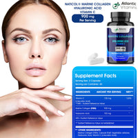 Marine Collagen 900 mg - High Strength 90 Capsules Collagen with Hyaluronic Acid and Vitamin C for Skin, Joints and Hair - Type 1 Hydrolyzed Collagen Supplements for Women & Men - Atlantic Vitamins