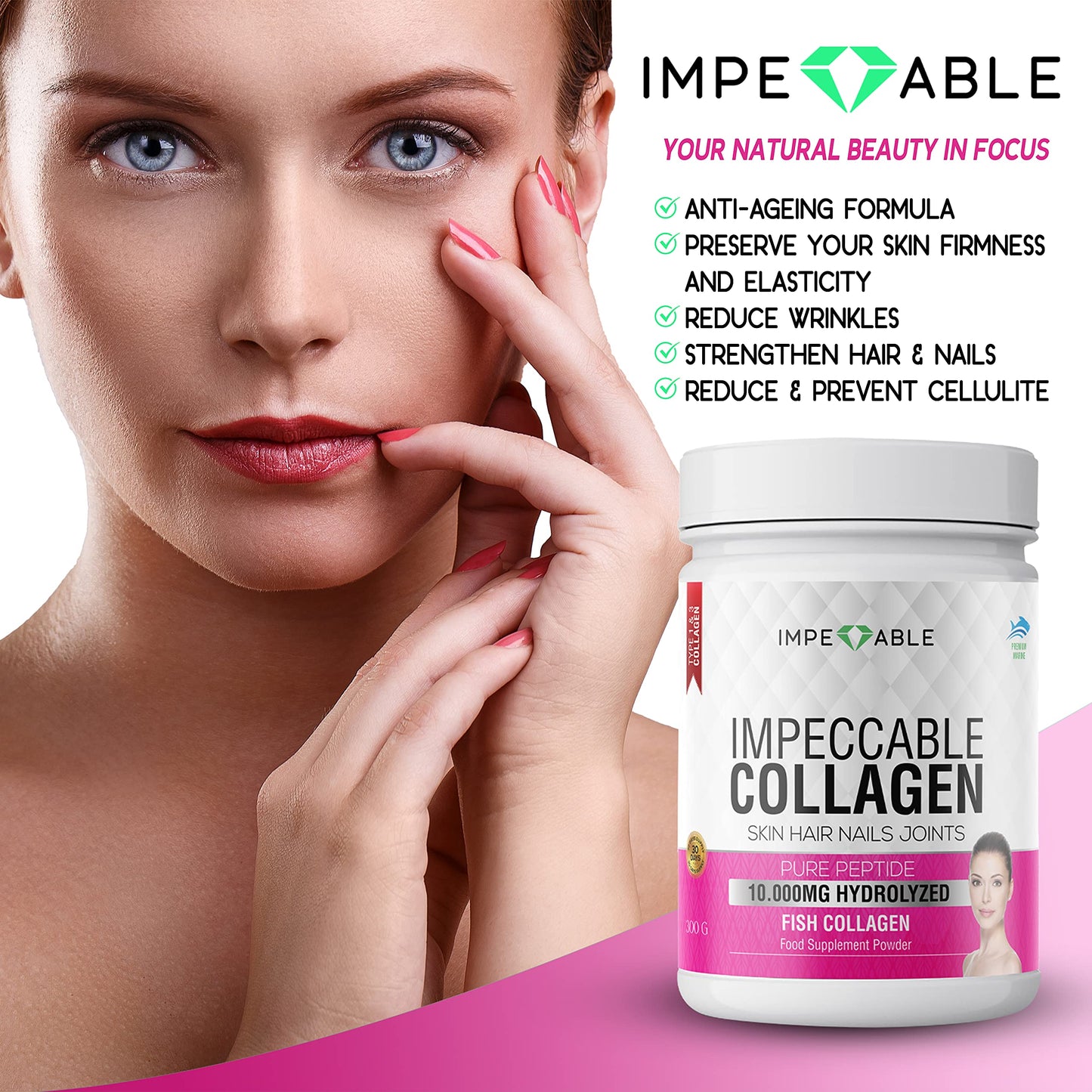 IMPECCABLE Collagen Premium 10.000 mg Pure peptide hydrolyzed Marine Collagen Powder| Nails & Skin|Healthy Joints |Hair Growth| Wild Caught| Supplements for Women and Man|300 gr 30 Days’ Supply