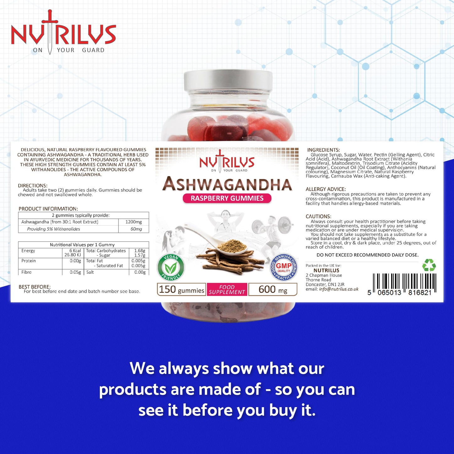 Nutrilus Ashwagandha Root Extract Gummies 600mg – 1200mg per Serving - High Strength – 5% Withanolides – Natural Flavour Vegan Gummy Supplement (150 Gummies)