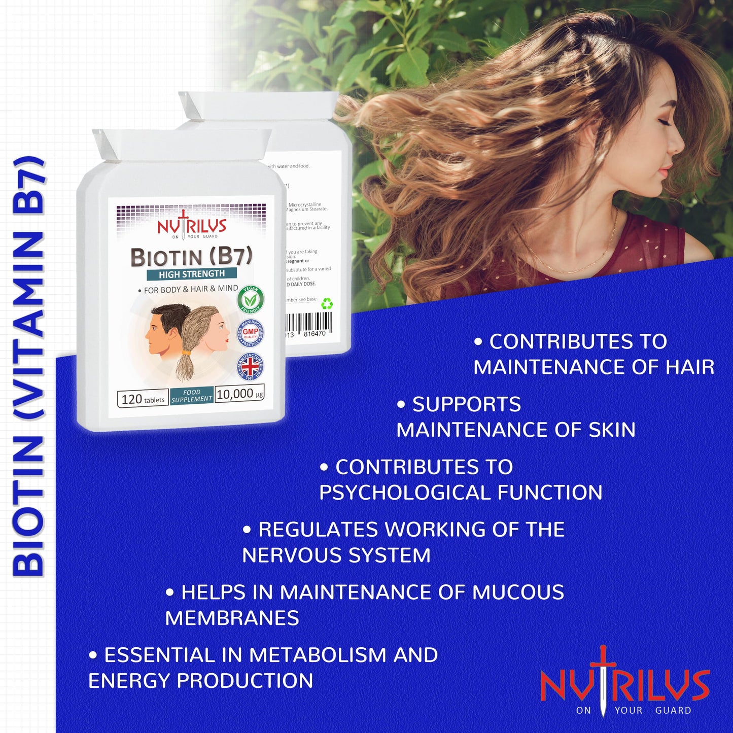 Nutrilus Biotin 120 Tablets 10,000µg - High Dose - Active D-Biotin - One-a-Day - Hair, Skin - Metabolism - Energy