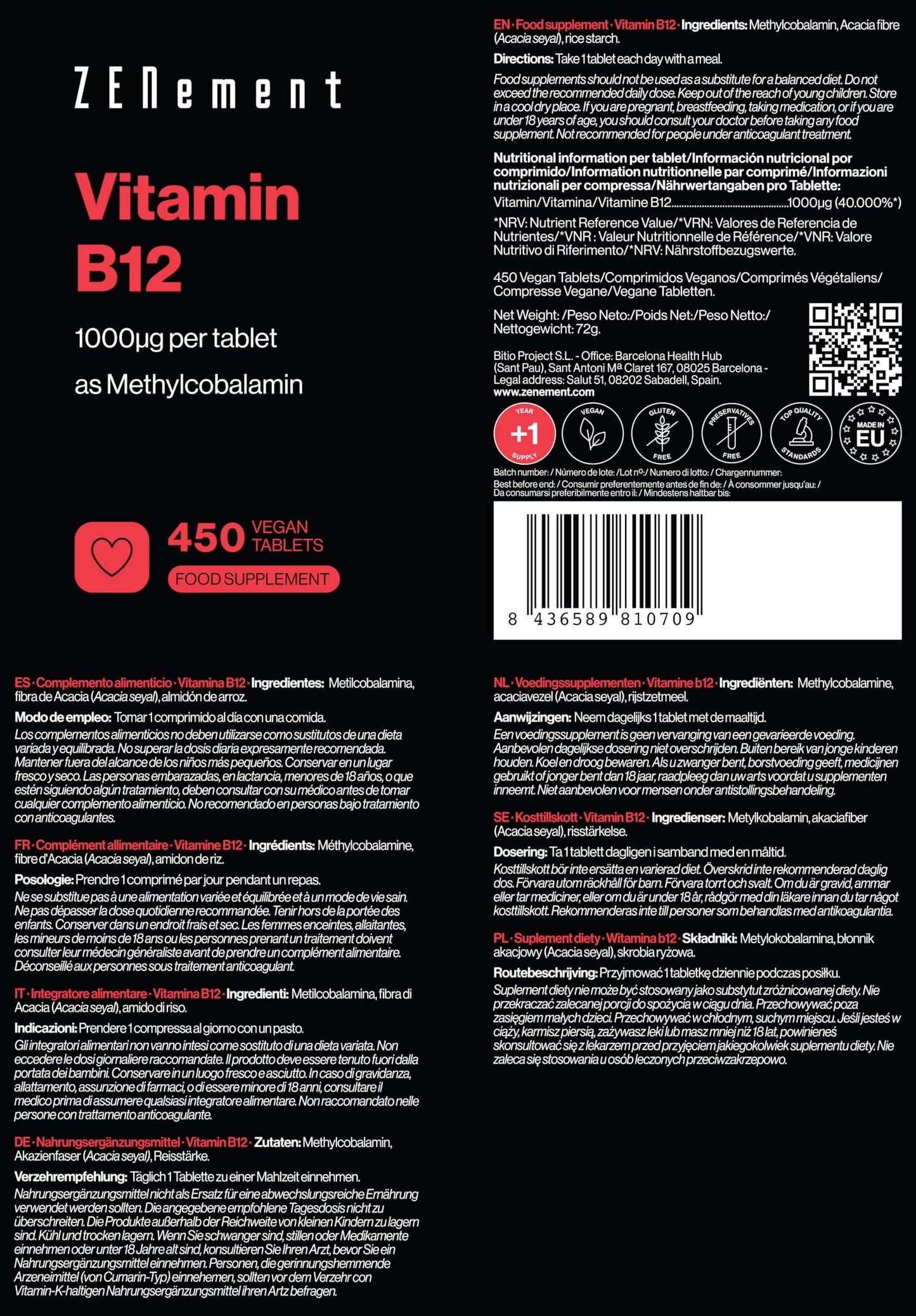 Zenement Vitamin B12 High Strength – 1000mcg VIT B12 as Active Methylcobalamin – 450 Vegan Tablets (14+ Months Supply) – Tiredness and Fatigue Supplement – Immunity Support - GMP Approved