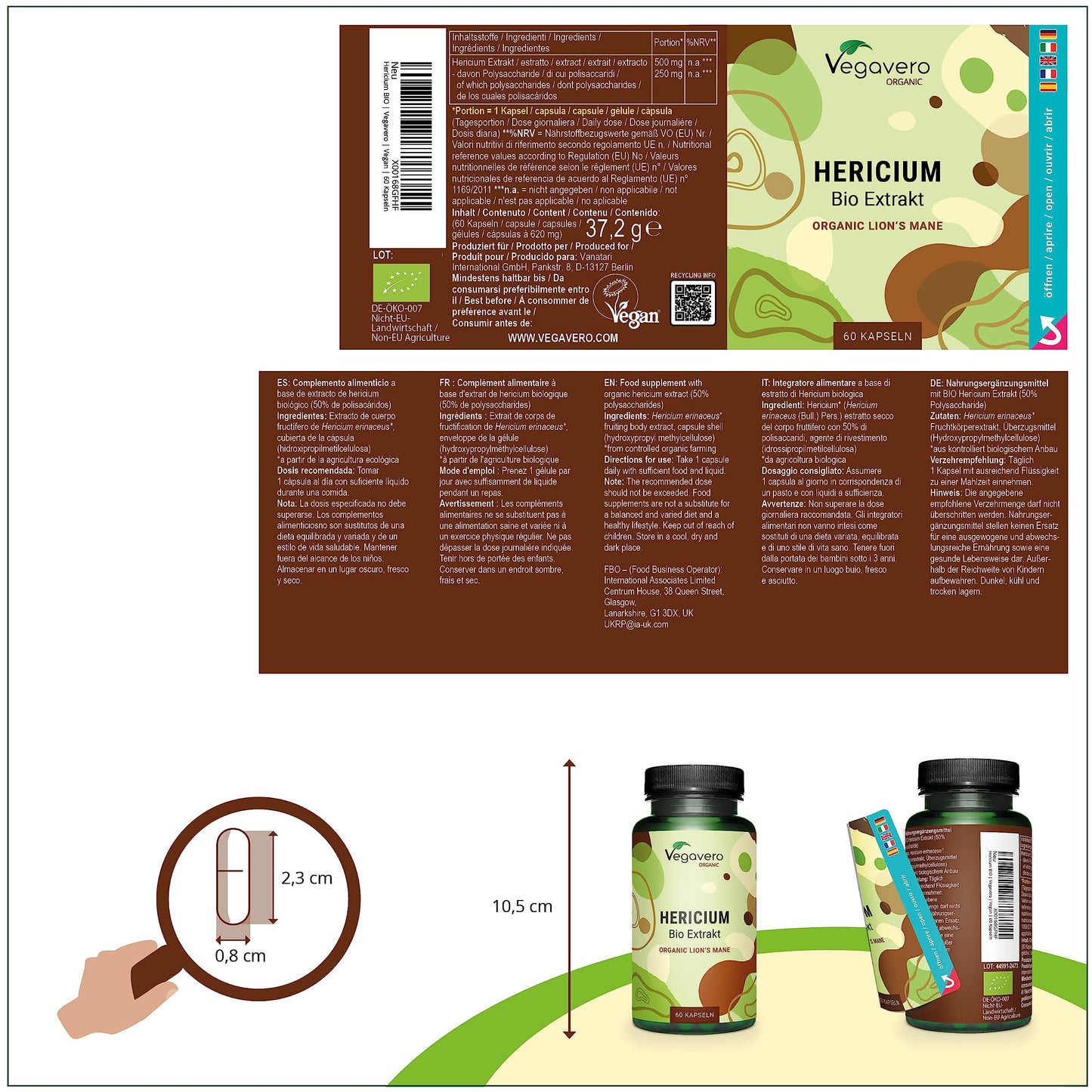 Vegavero Organic Lions Mane Supplement | NO Additives | Nootropic High Strength Mushroom Extract | 50% Polysaccharides | 60 Capsules | Vegan |