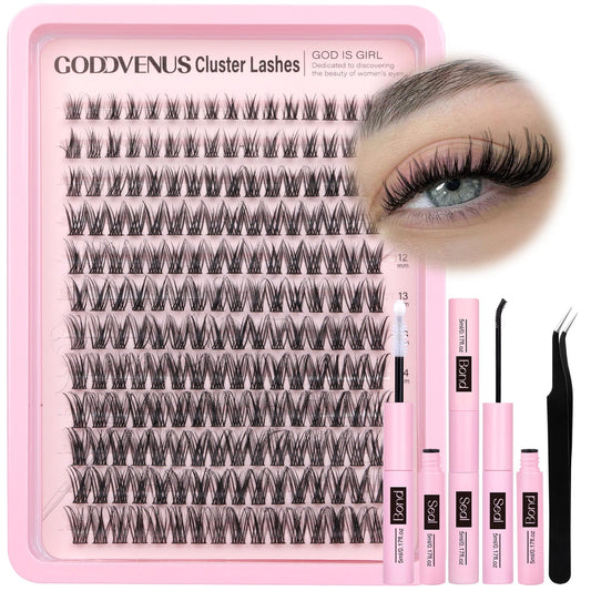 Goddvenus Individual Eyelashes Wispy Lash Clusters Kit D Curl Eyelashes Individual Kit Natural Lash Extension Kit with Russian Cluster Lashes Glue Bond and Seal and Lash Tweezers (D Curl 192pcs)