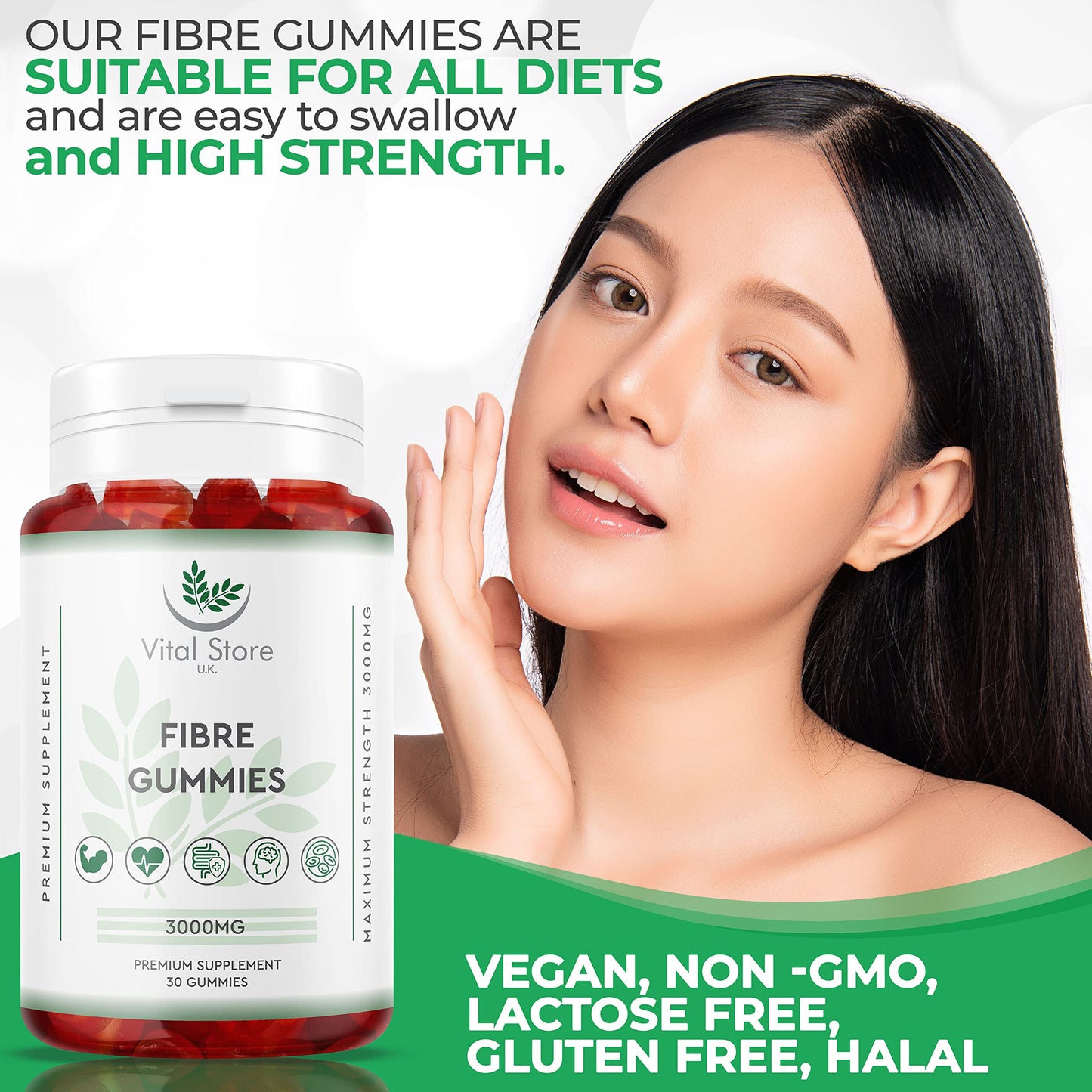 Fibre Gummies 3000MG - Vegan - One Month Supply - Berry Flavour Prebiotic Tapioca Chicory Root - High Strength Fibre Supplement
