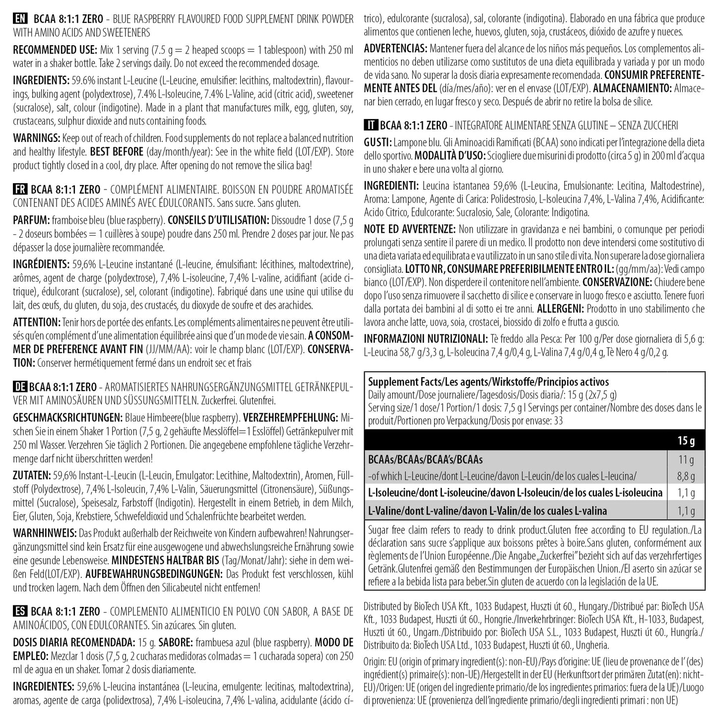 BioTechUSA Bcaa 8:1:1 Zero, Blue Raspberry, 250 g